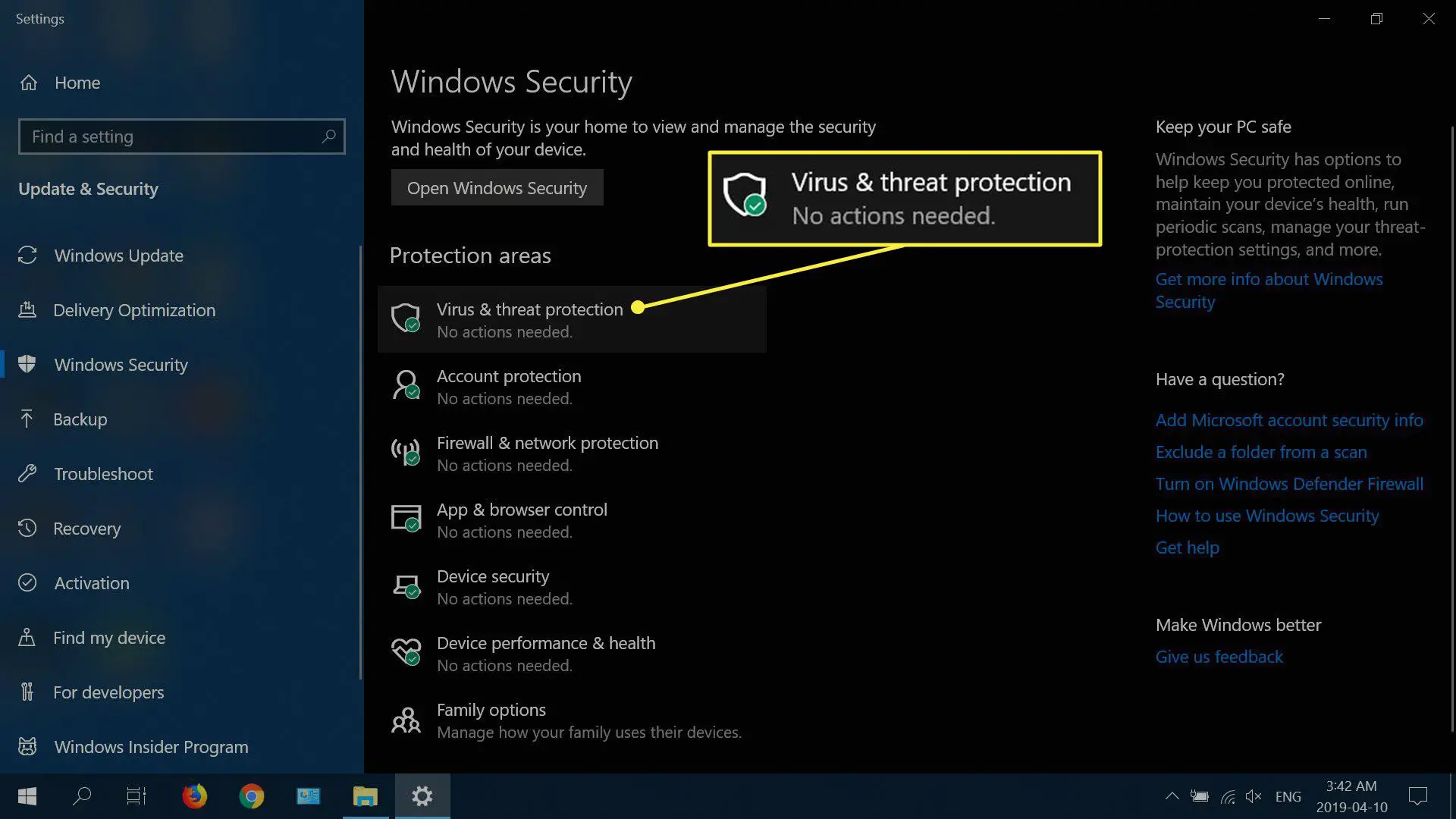 Selecione Proteção contra vírus e ameaças nas opções de Segurança do Windows para Windows 10.