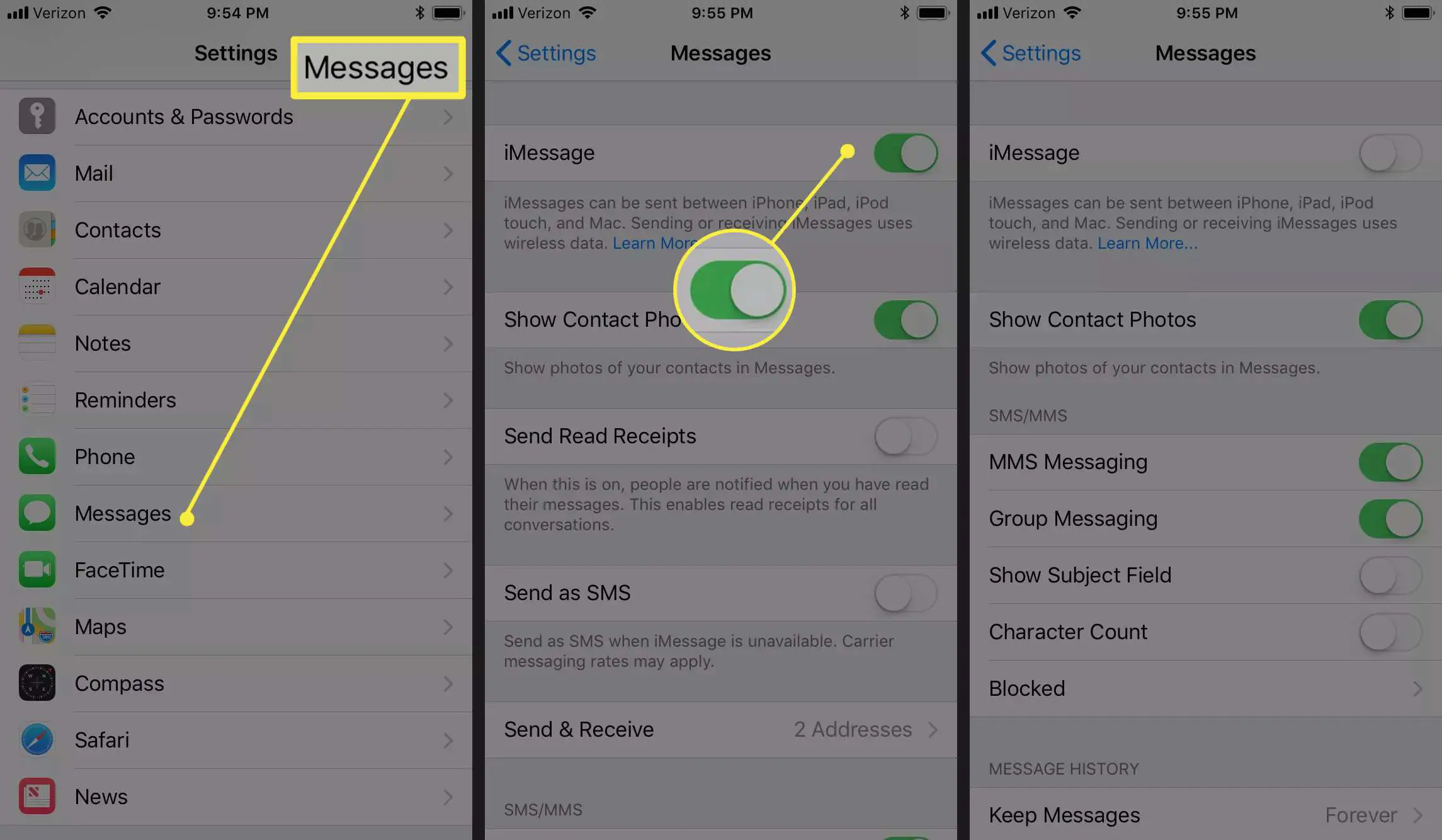 Um usuário iOS desativa o iMessage nas configurações