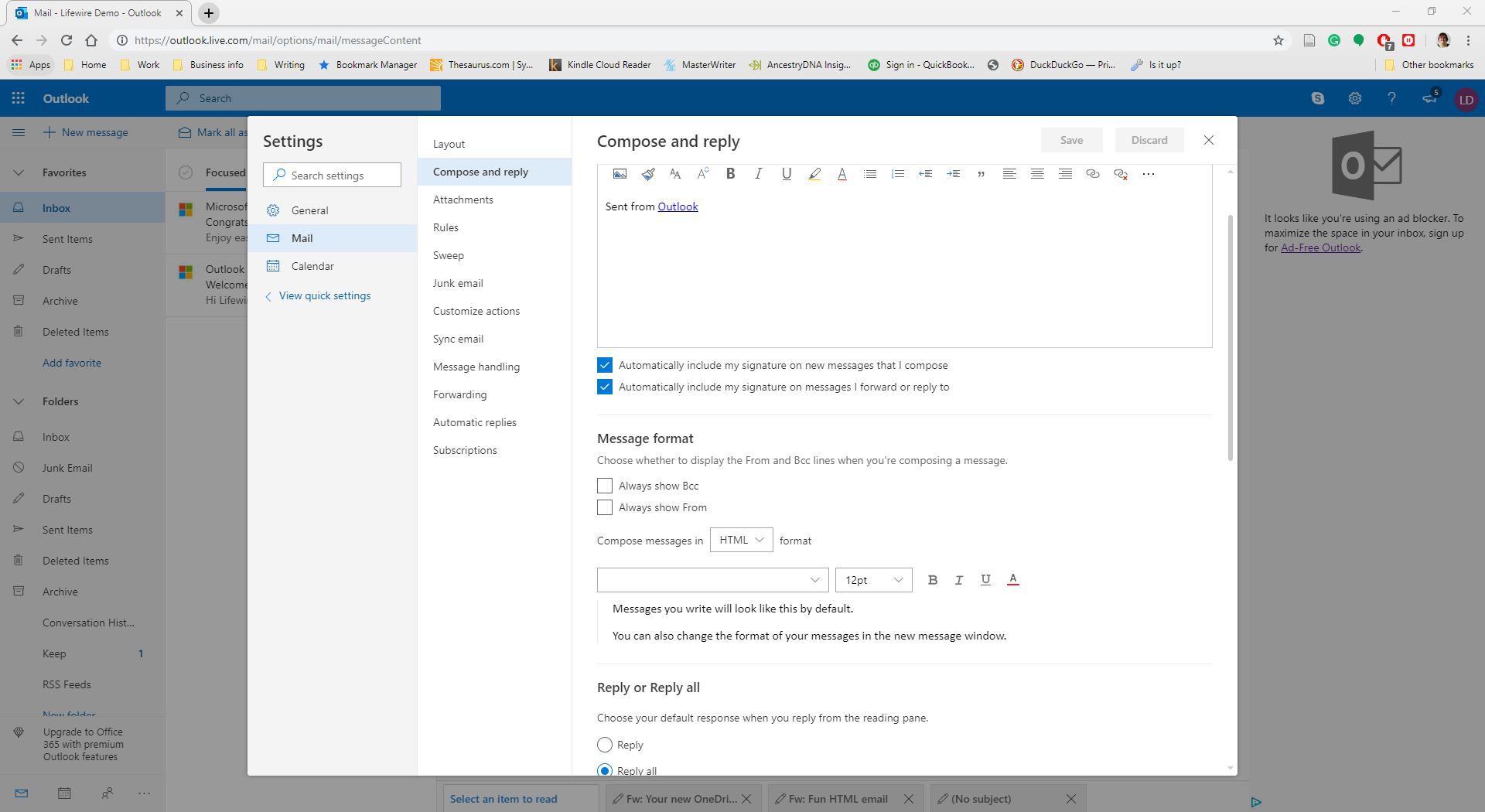 Exibindo configurações avançadas no Outlook Online.