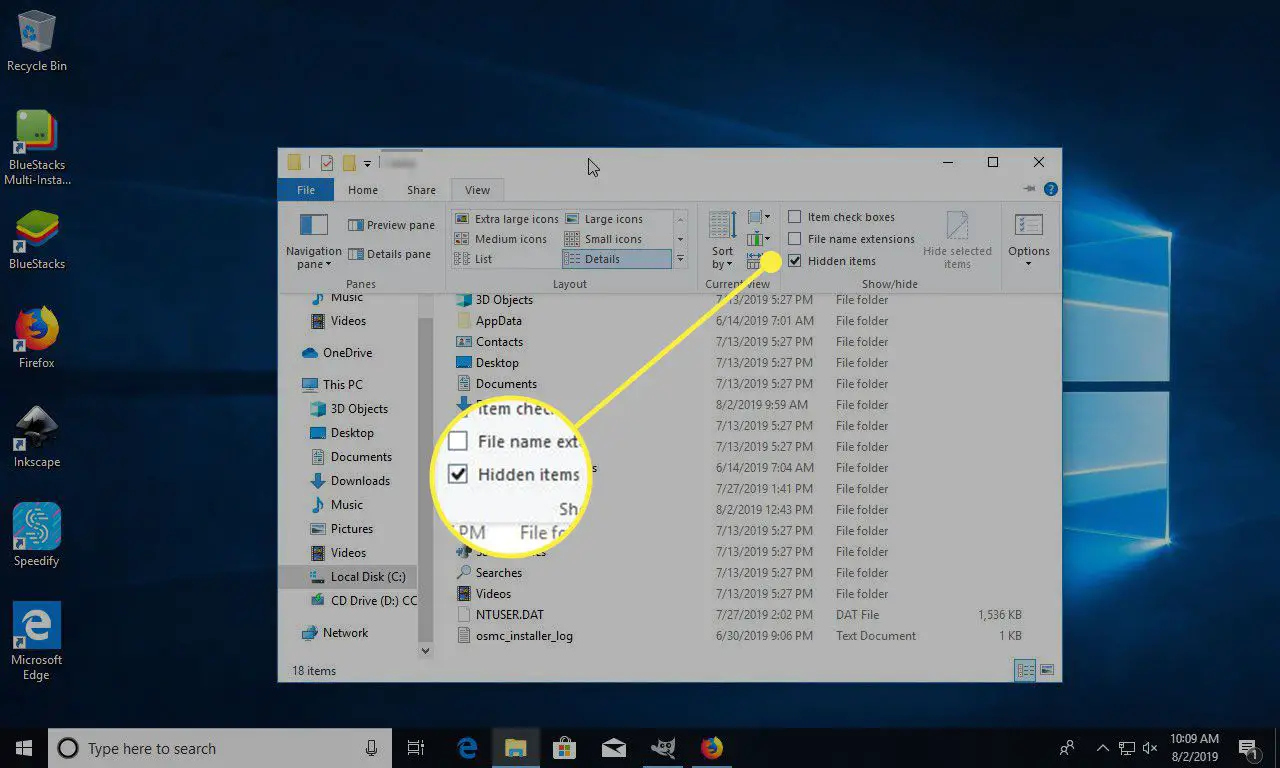Uma captura de tela de uma pasta de usuário no Windows com a opção Itens ocultos no menu Exibir destacada