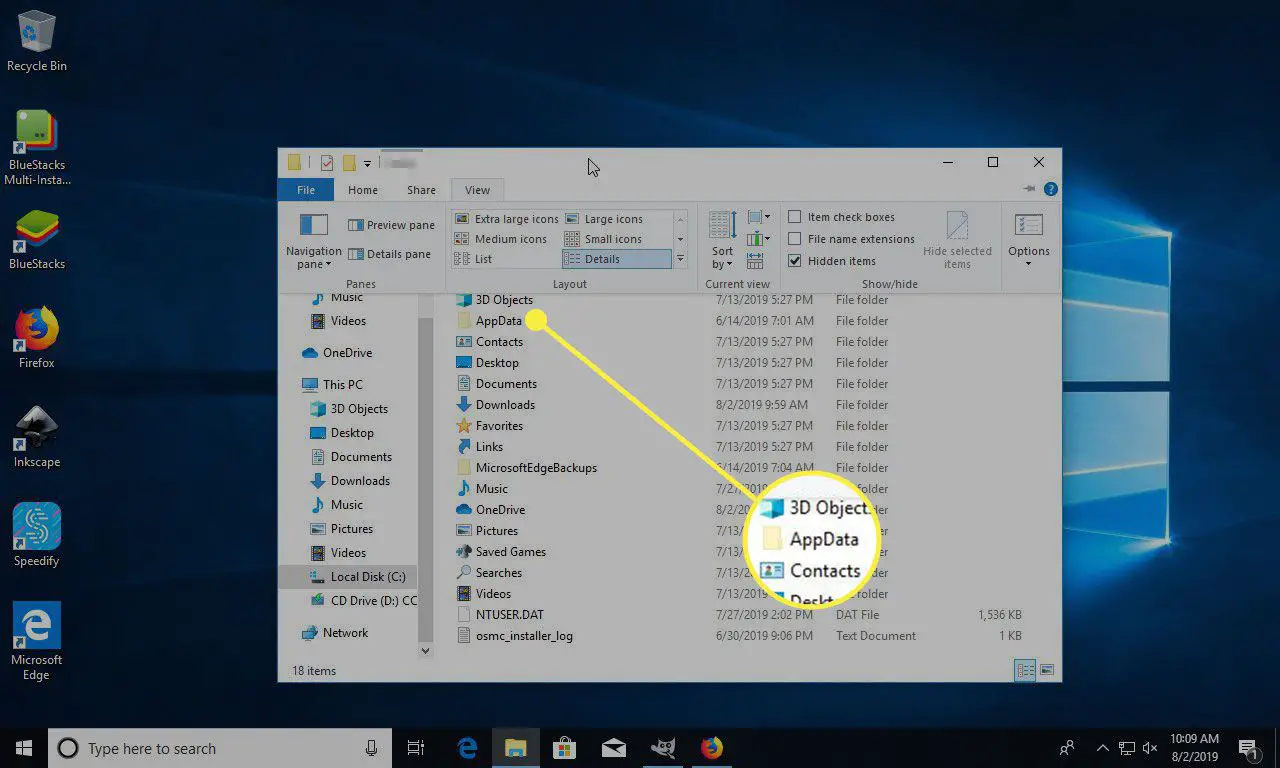 Uma captura de tela de uma pasta de usuário no Windows com o item AppData destacado