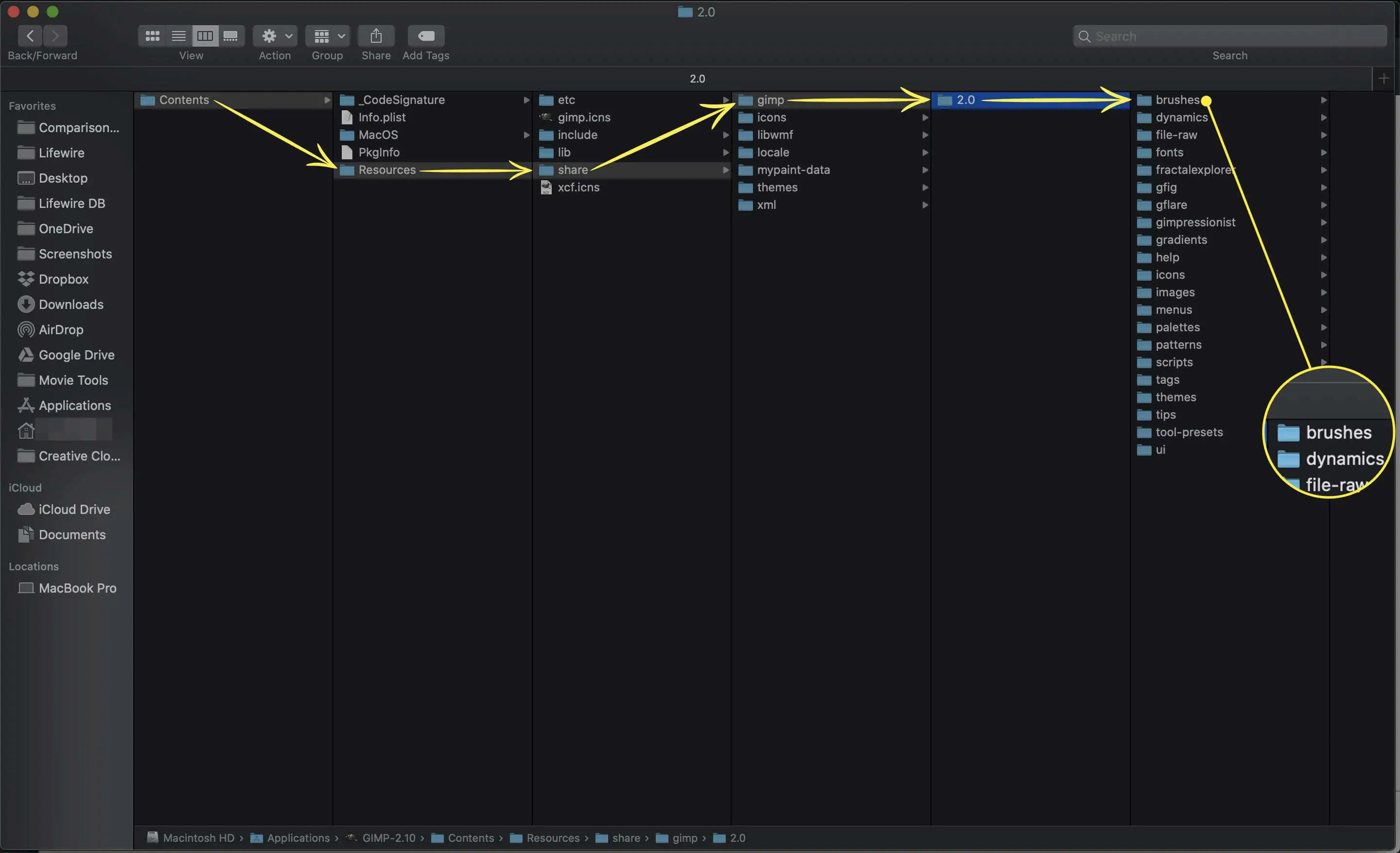 Uma captura de tela do macOS mostrando o caminho para a pasta de pincéis do GIMP