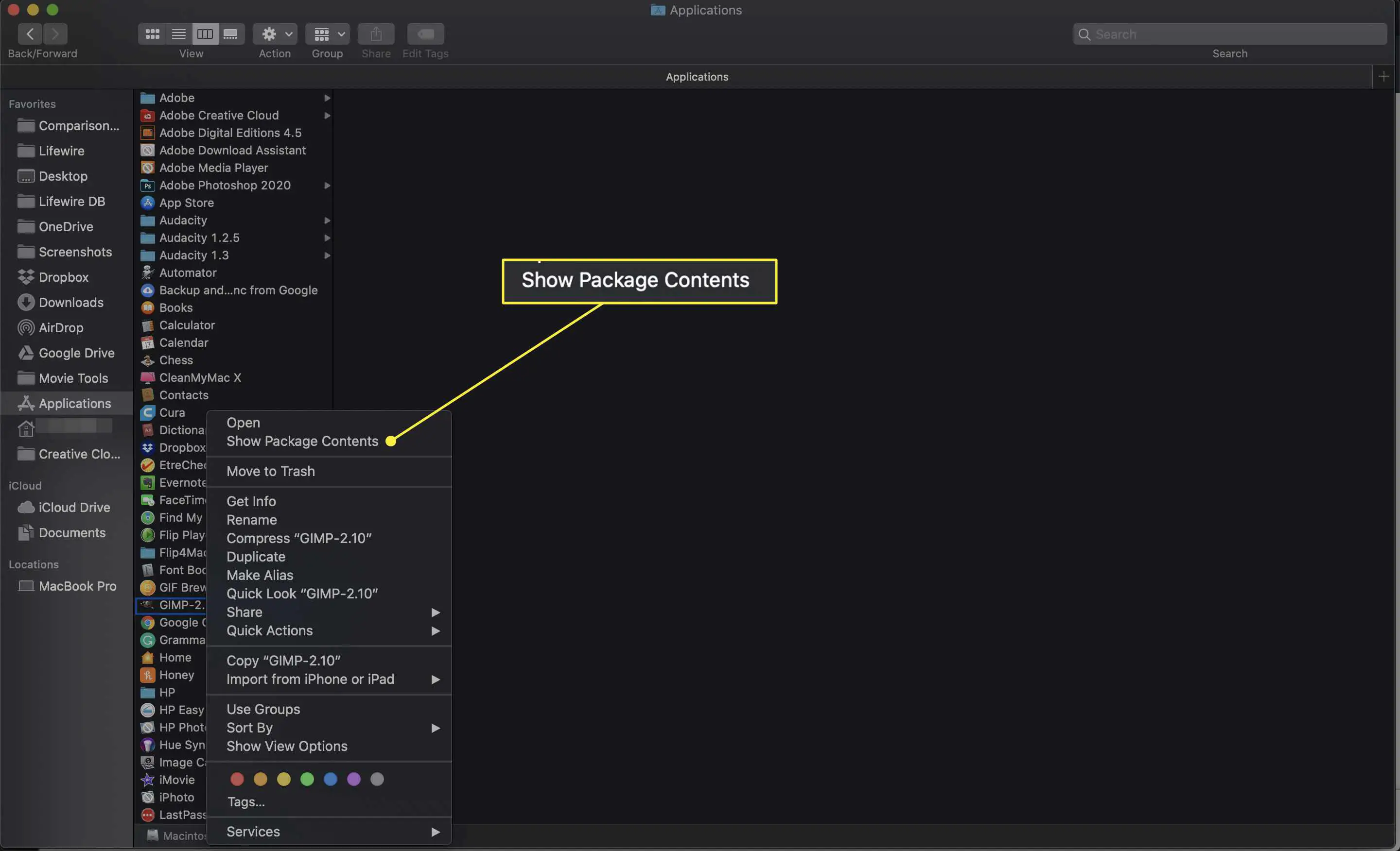 Uma captura de tela do menu de opções no MacOS Finder com a opção Mostrar conteúdo do pacote destacada