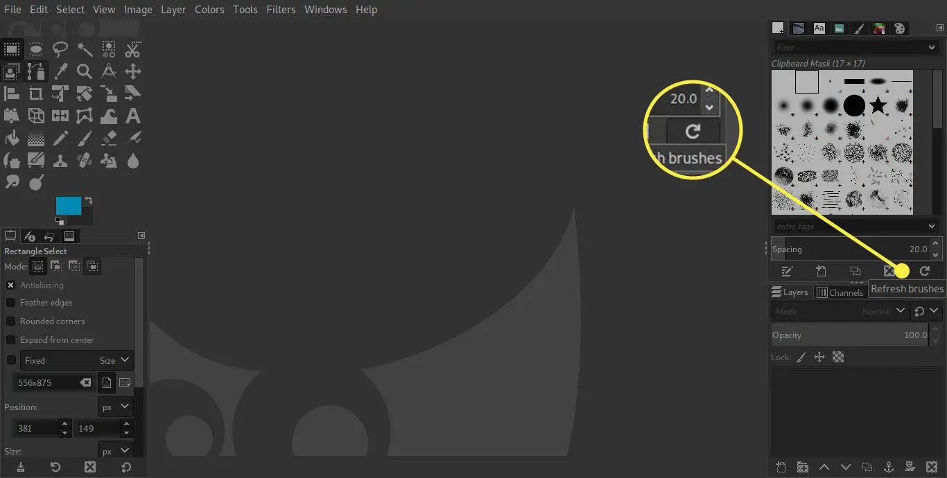 Uma captura de tela do GIMP com o botão Atualizar pincéis destacado