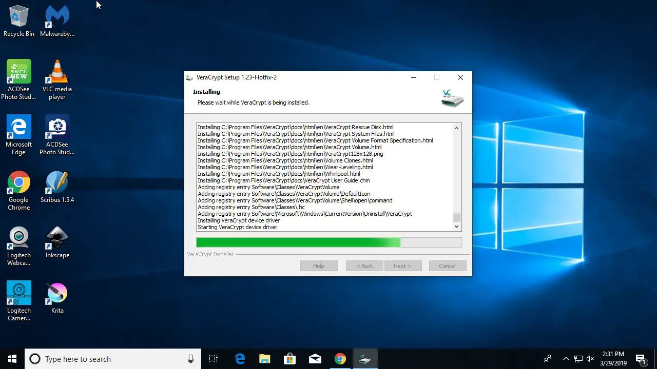 Instalador VeraCrypt em execução no Windows 10