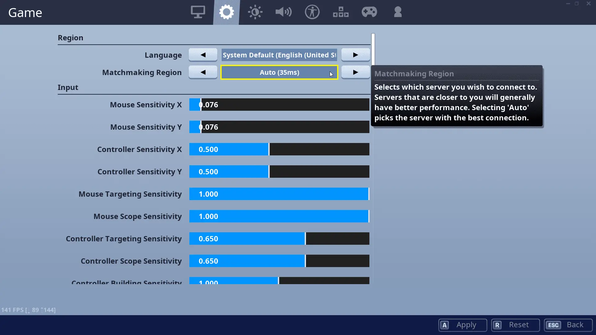 Uma captura de tela do menu de configurações Fortnite: Battle Royale, enfatizando a região de matchmaking.