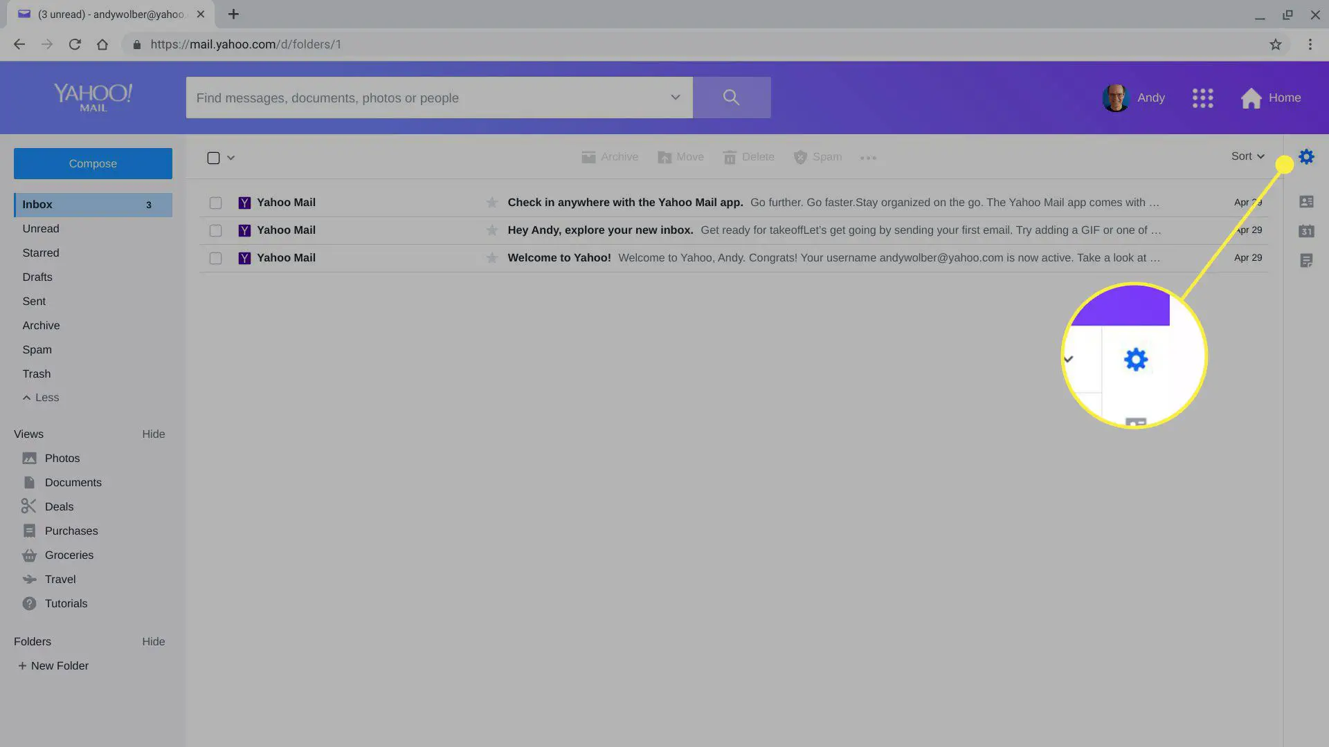 A engrenagem Configurações no Yahoo Mail
