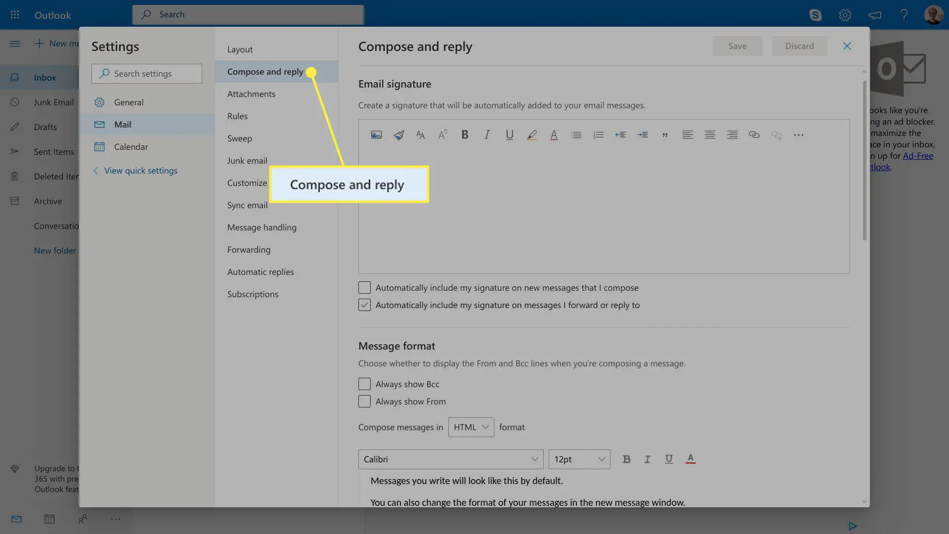 O título Compor e Responder nas configurações do Outlook