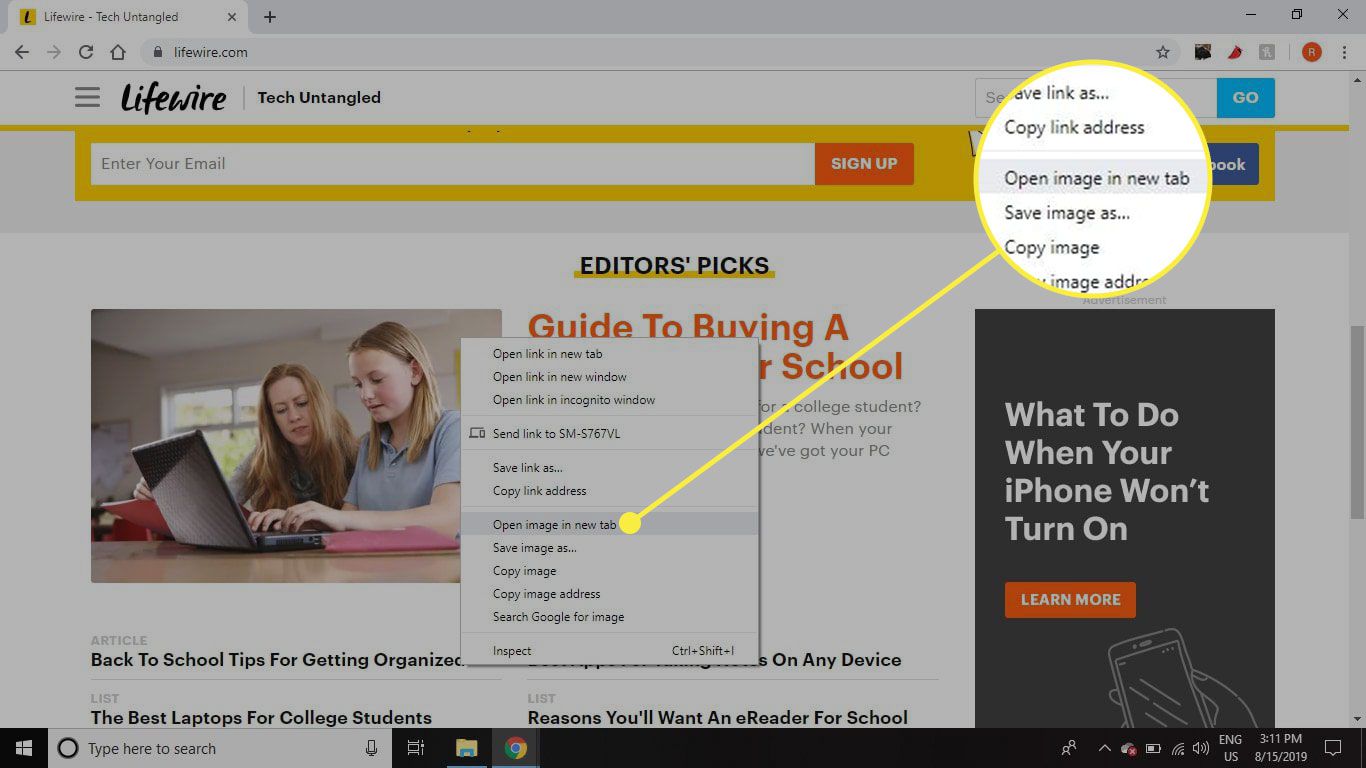 Uma captura de tela de um menu de opções do navegador com a opção "Abrir imagem em uma nova guia" destacada