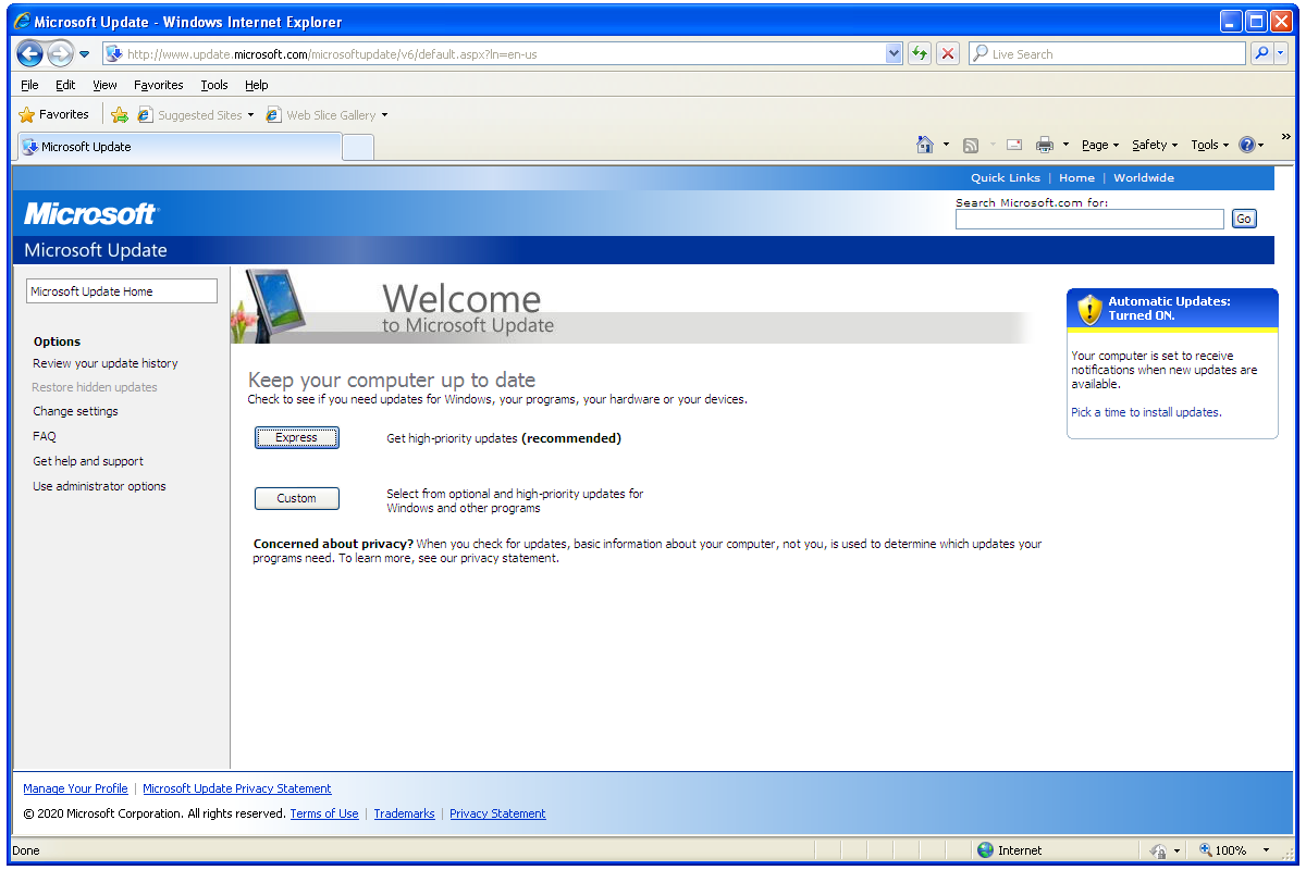 Site do Windows Update no Windows XP