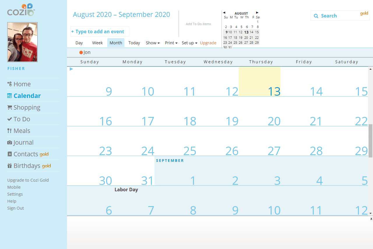 Calendário Cozi na visualização do mês
