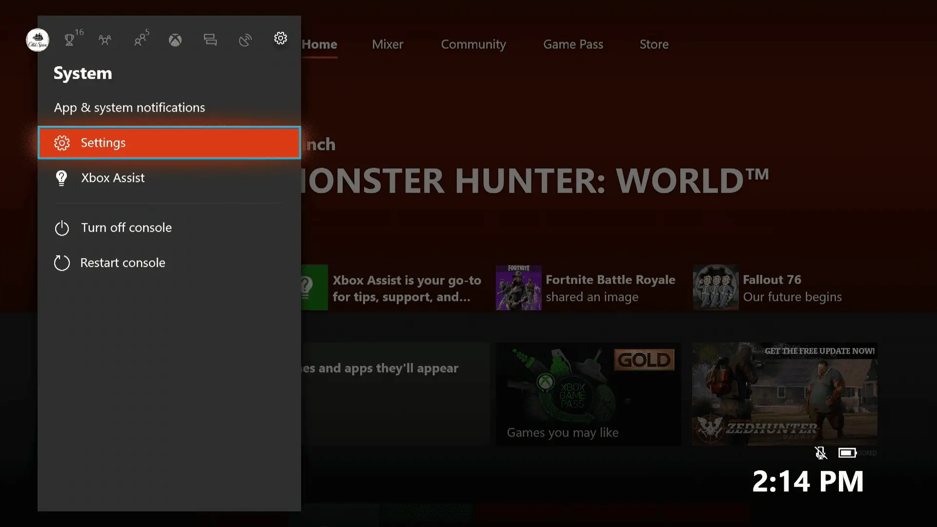 O menu do sistema de guia do Xbox One.