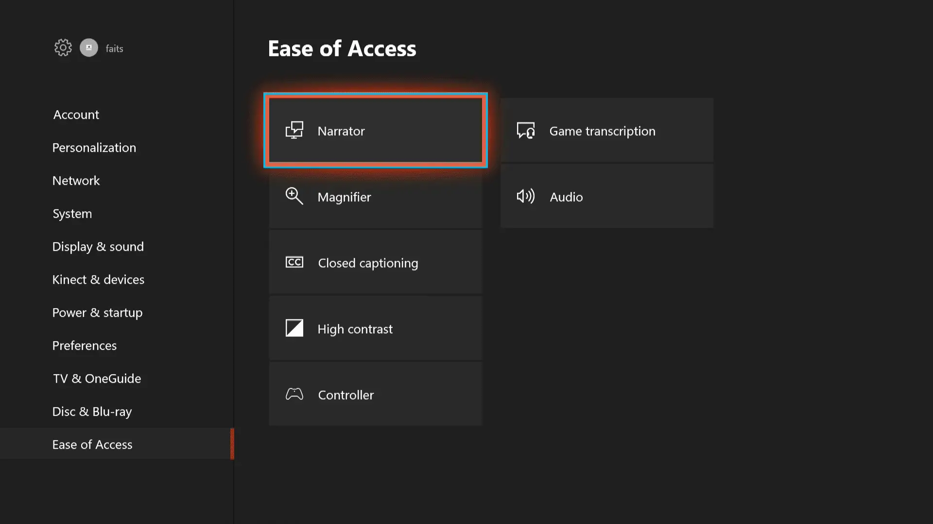 As configurações do sistema de facilidade de acesso do Xbox One.