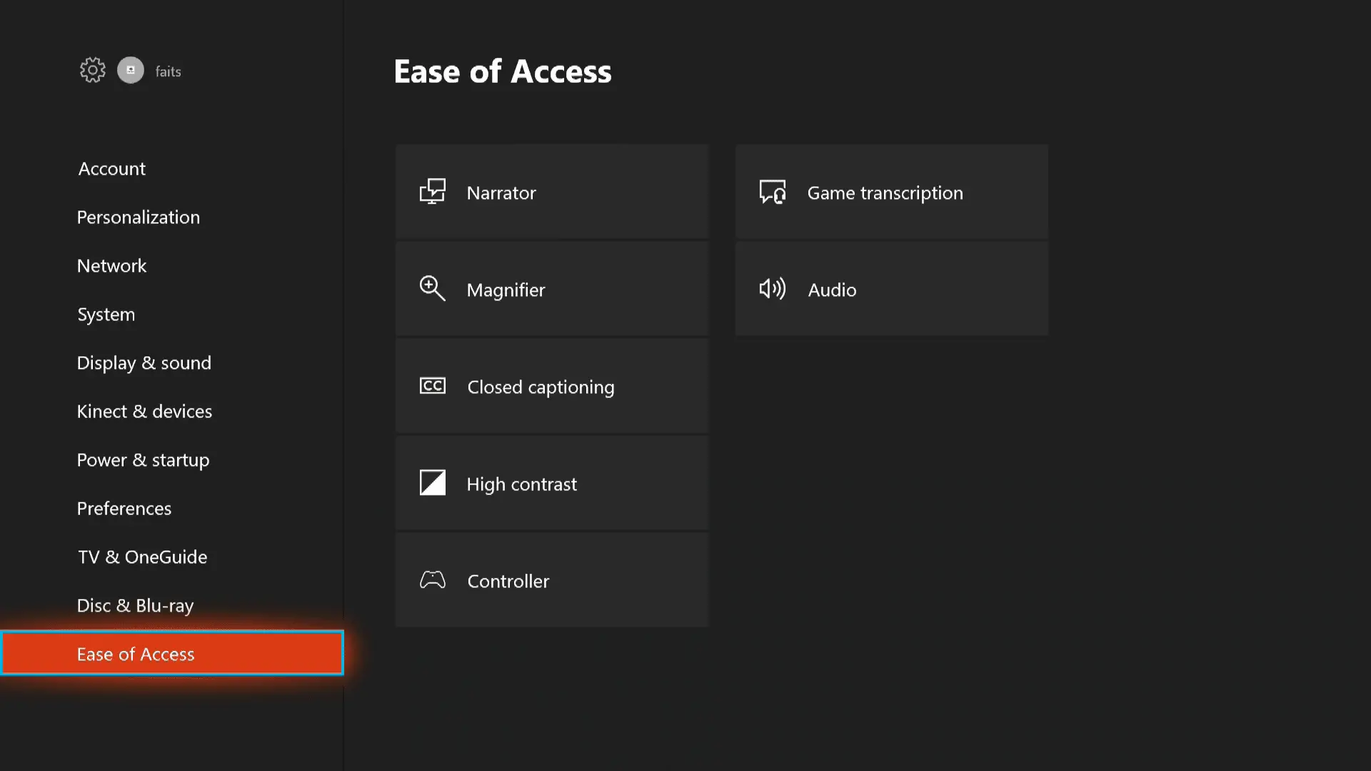 O menu de configurações de Facilidade de Acesso do Xbox One.