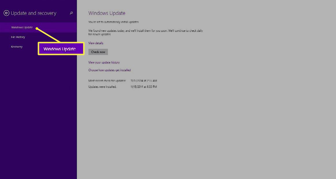 Windows Update no menu