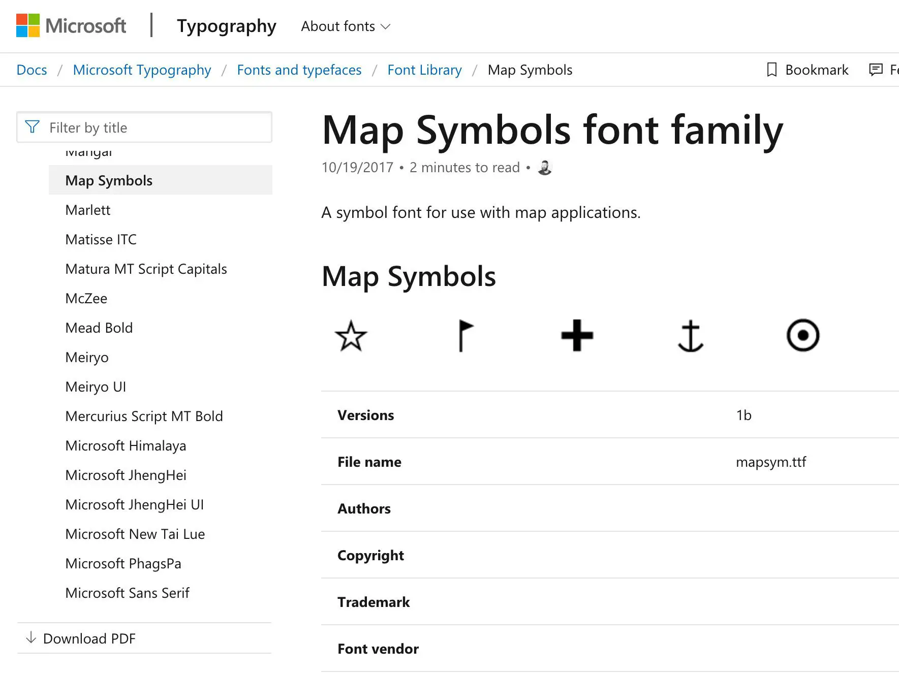 Tela da família de fontes Microsoft Map Symbols