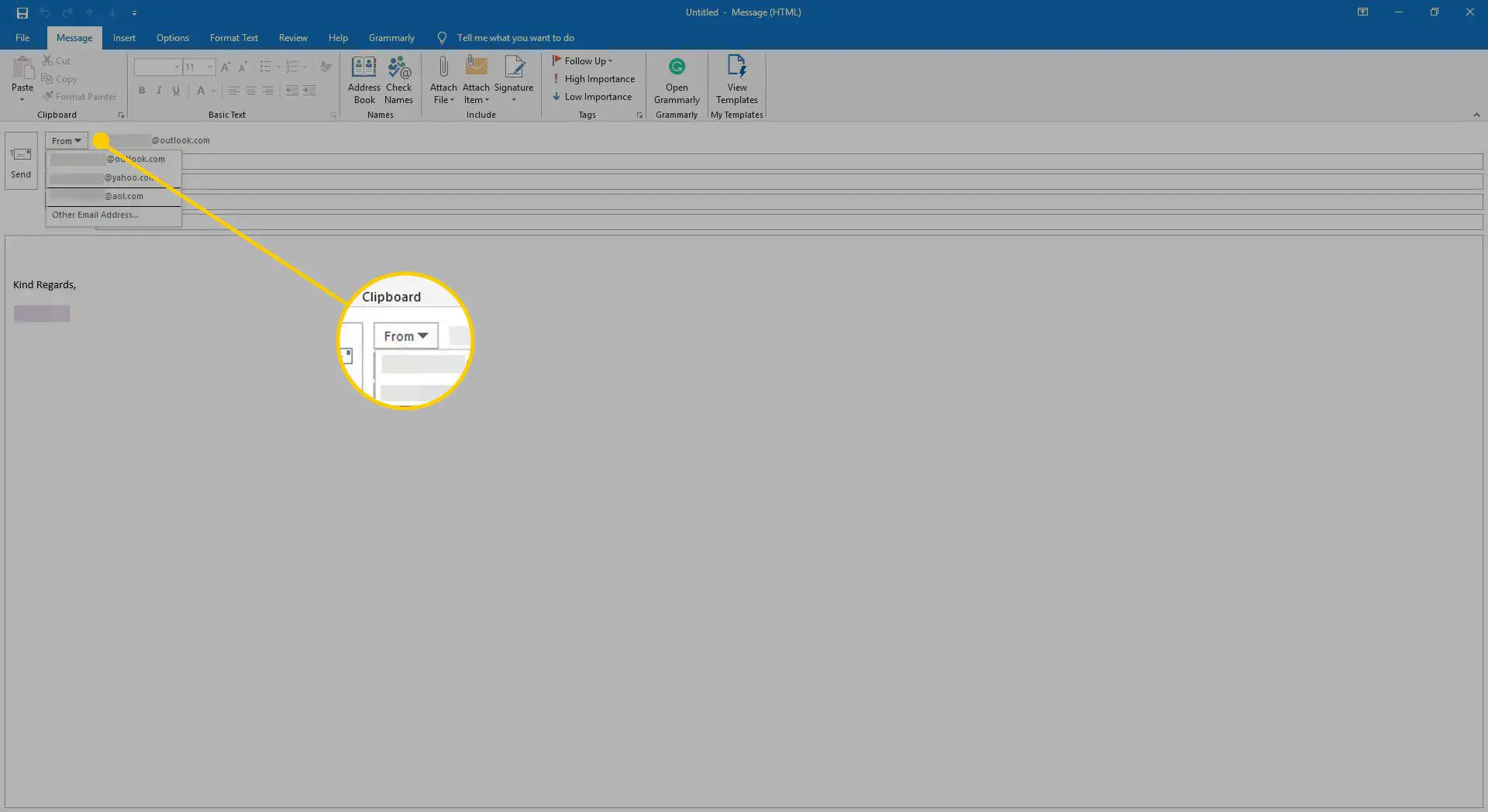 Um novo e-mail no Outlook com o menu De realçado