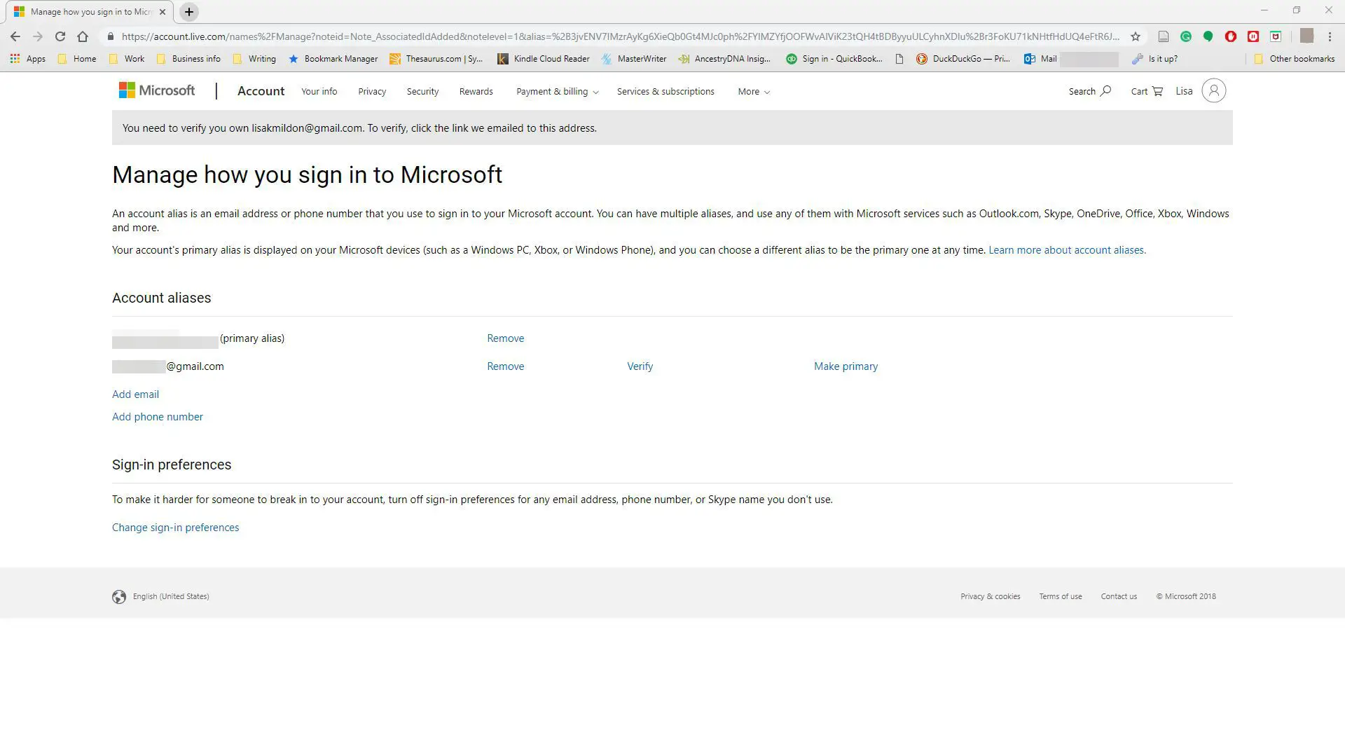 Site da conta da Microsoft mostrando a captura de tela do alias recém-adicionado