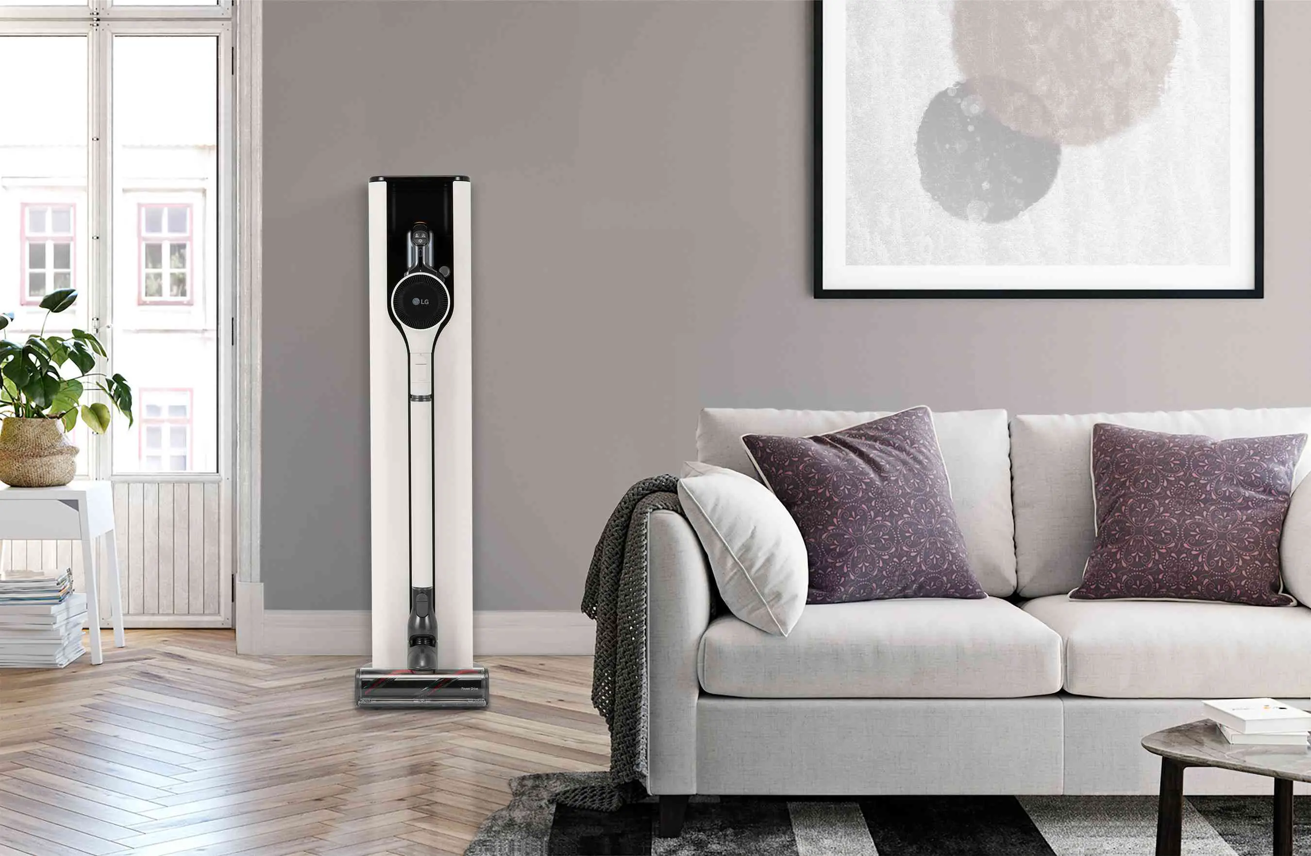 Imagem do conceito do CordZero ThinQ Vacuum da LG em uma sala de estar