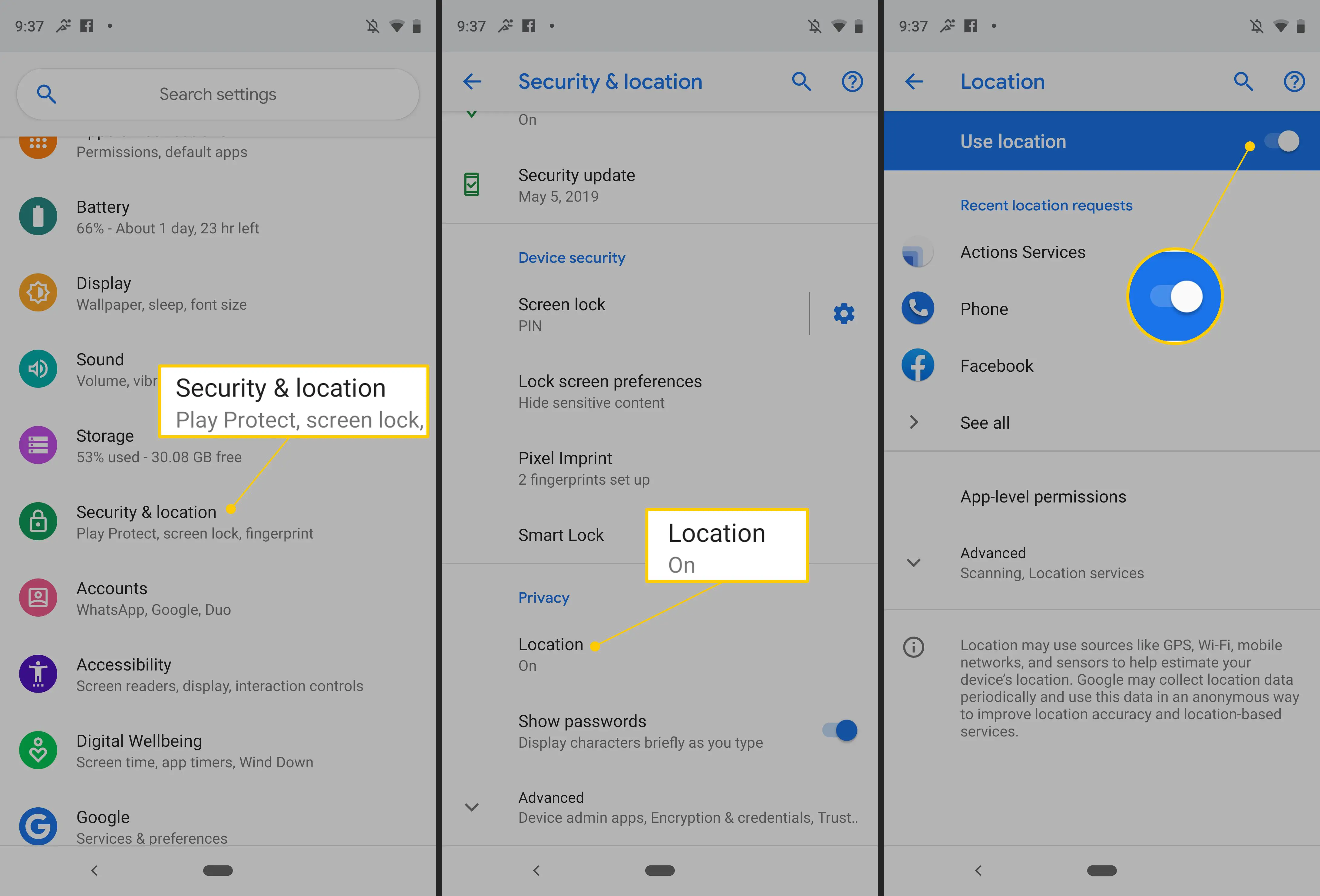 Segurança e localização, localização, alternar nas configurações do Android