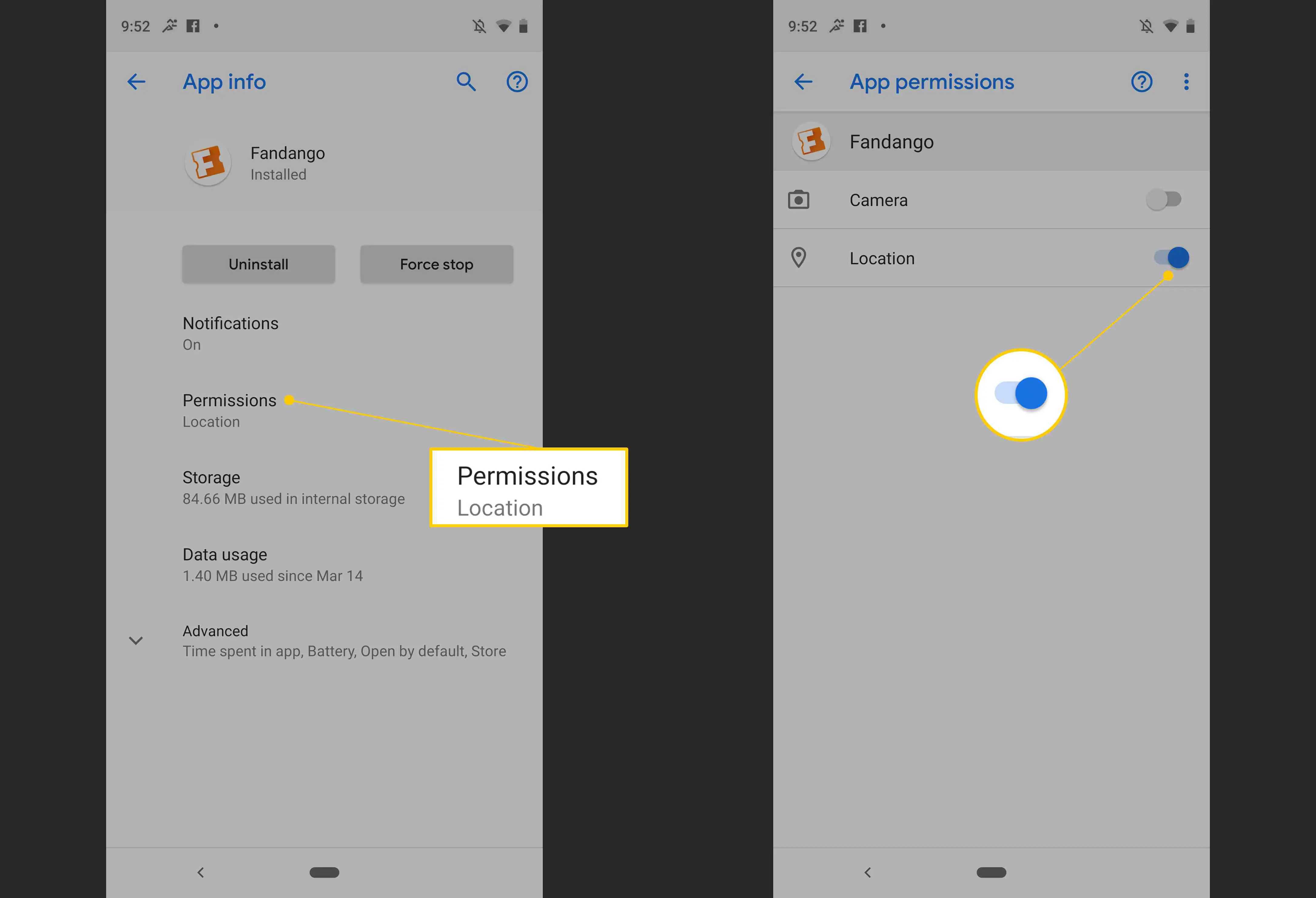 Informações do aplicativo, permissões, alternância de local nas configurações do Android