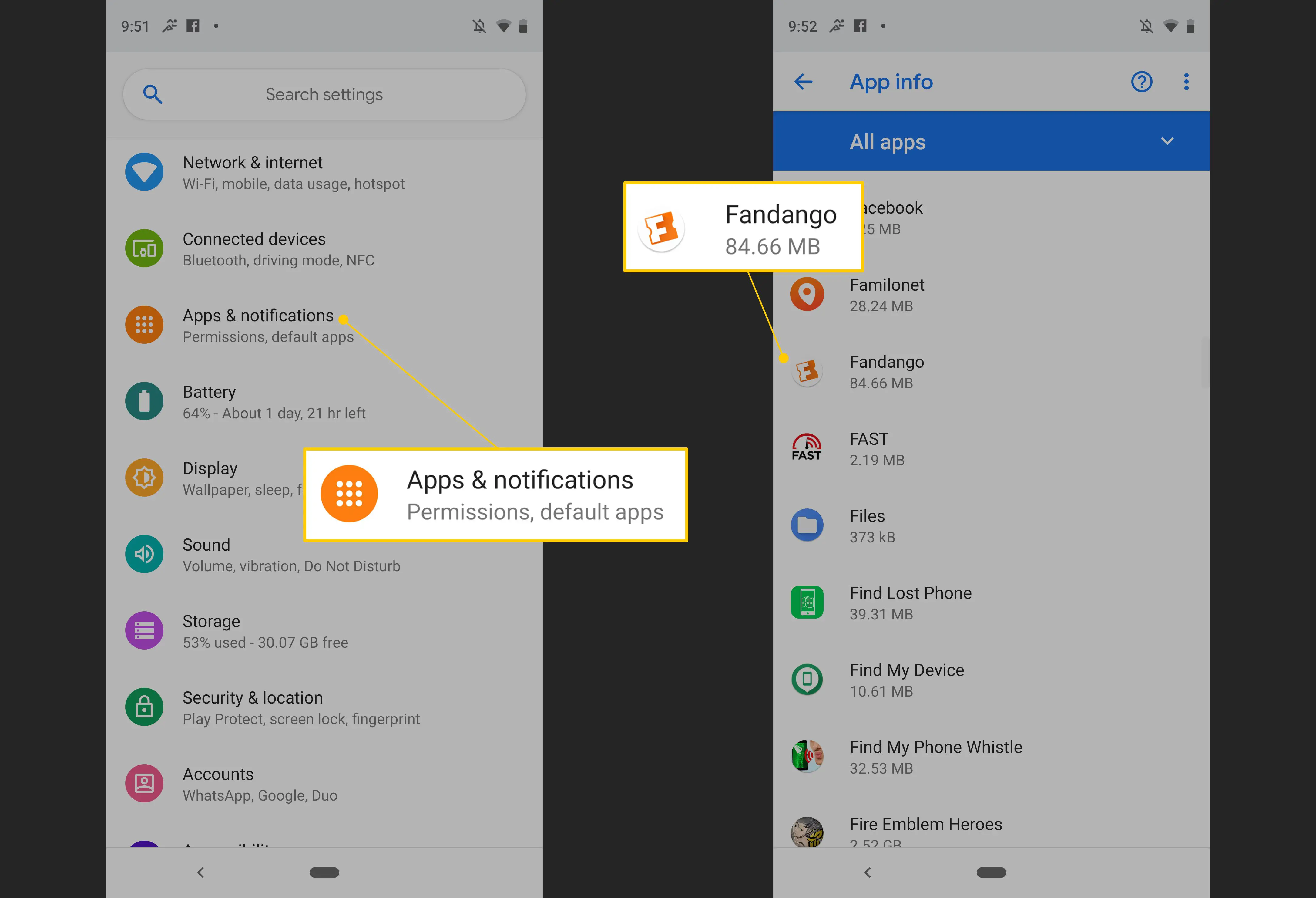 Aplicativos e notificações, aplicativo Fandango nas configurações do Android