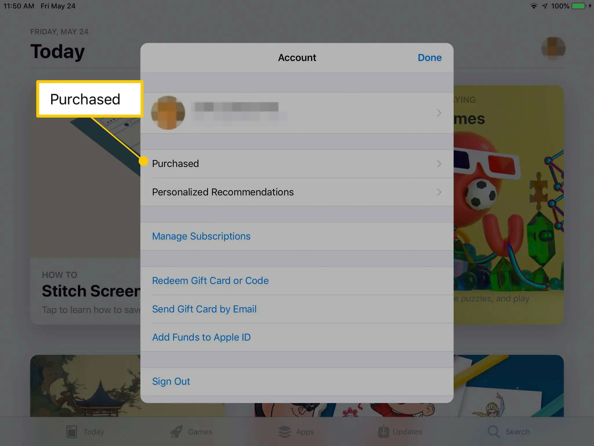 Botão de compra na conta na App Store para iPad