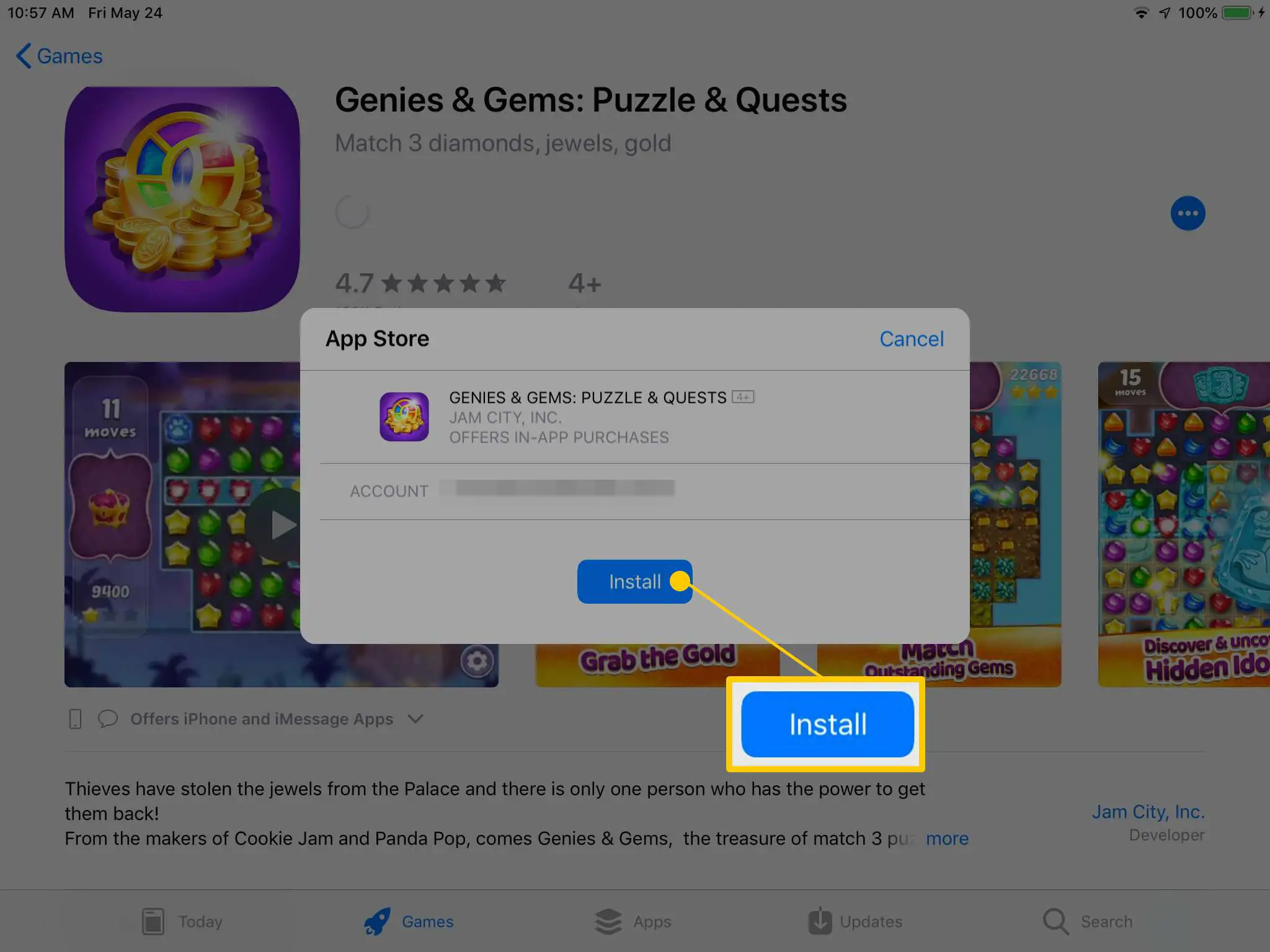 Botão de instalação na App Store no iPad