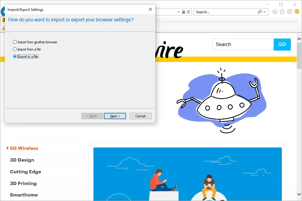 Exportar para um arquivo opção do Internet Explorer