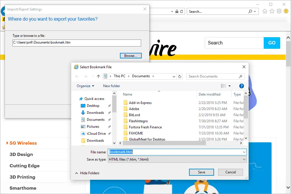 Selecione o prompt de arquivo de favoritos no Internet Explorer