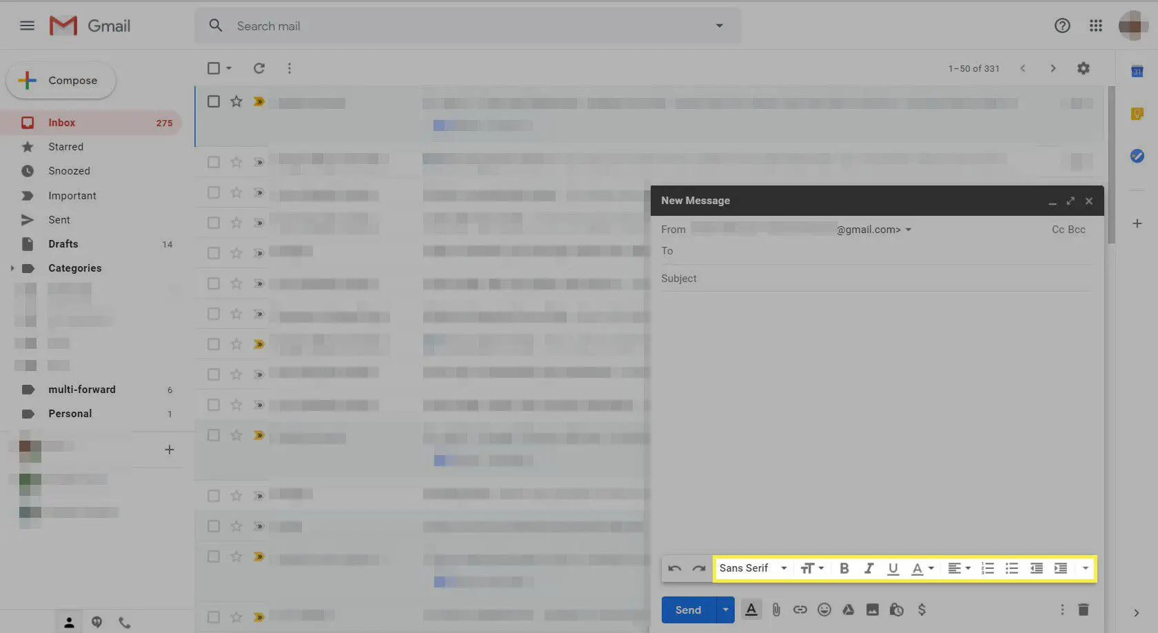 Uma nova mensagem no Gmail com as opções de formatação de texto destacadas