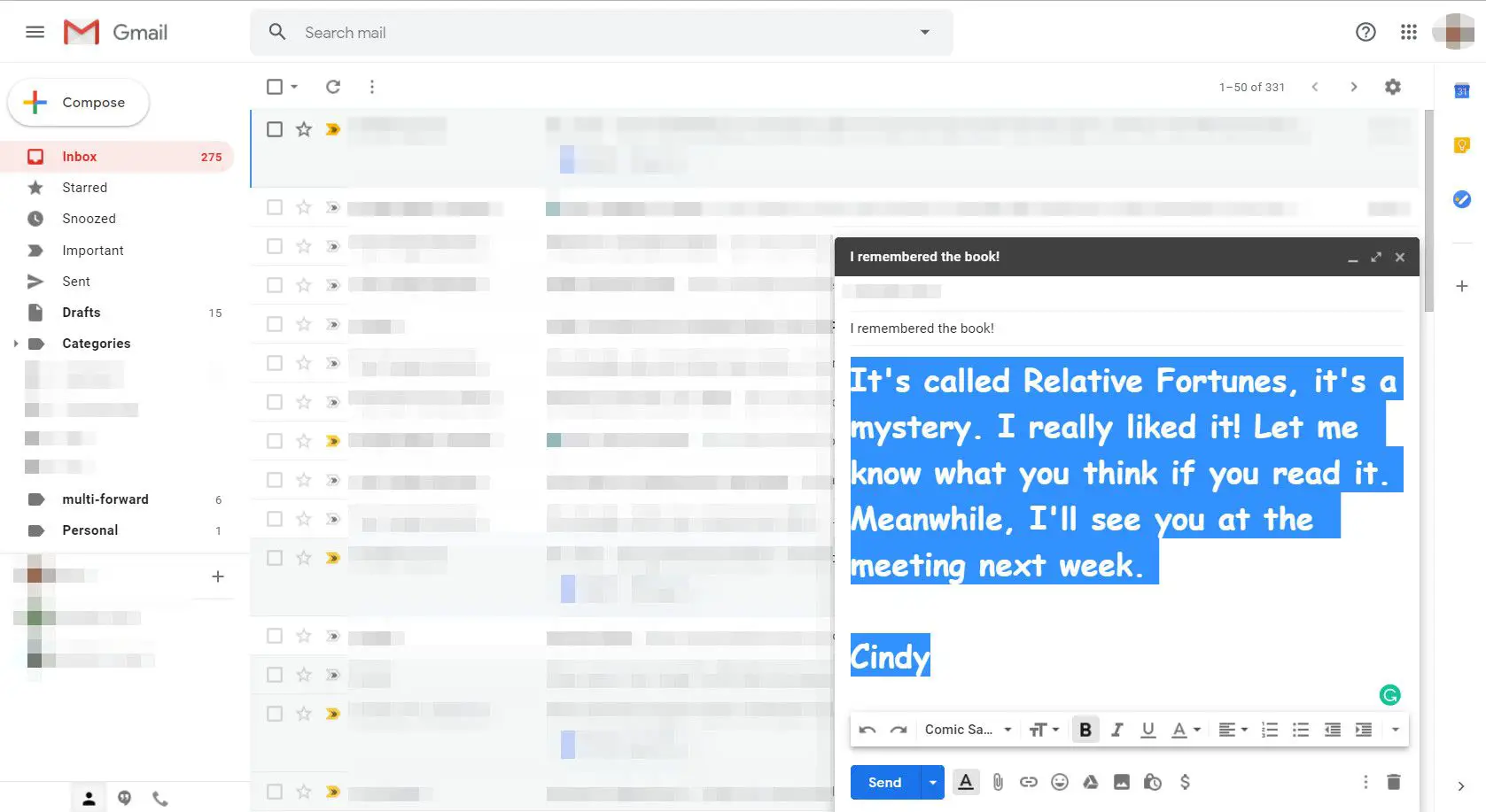 Texto alterado na tela de composição de mensagem do Gmail