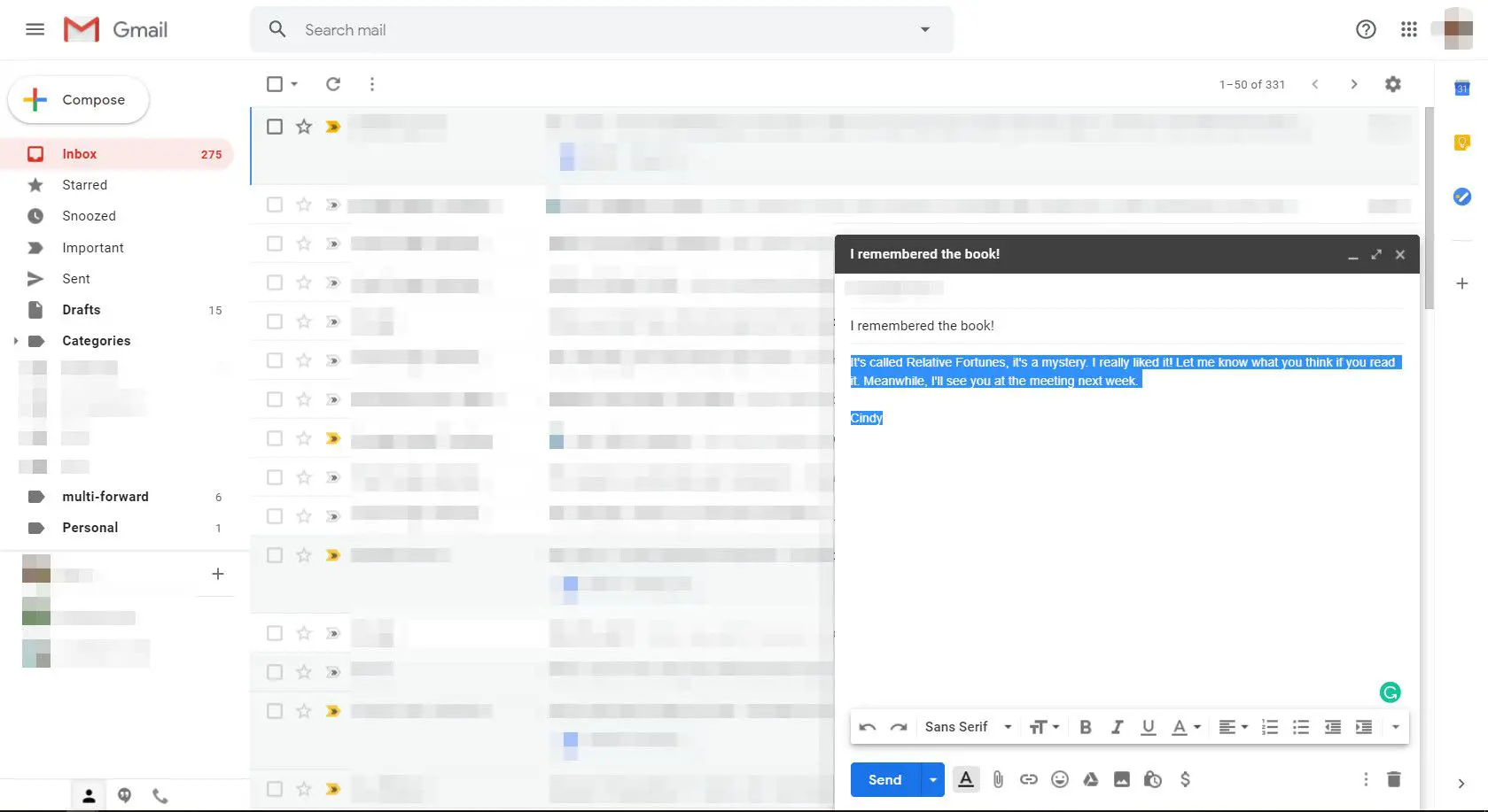 Texto selecionado na tela de composição de mensagem do Gmail