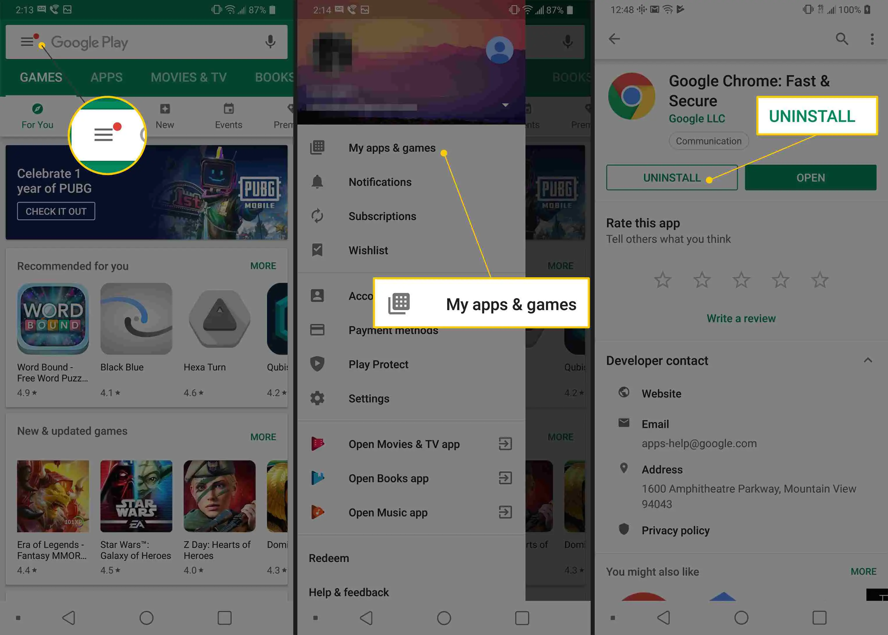 Menu, Meus aplicativos e jogos e botões Desinstalar no Google Play