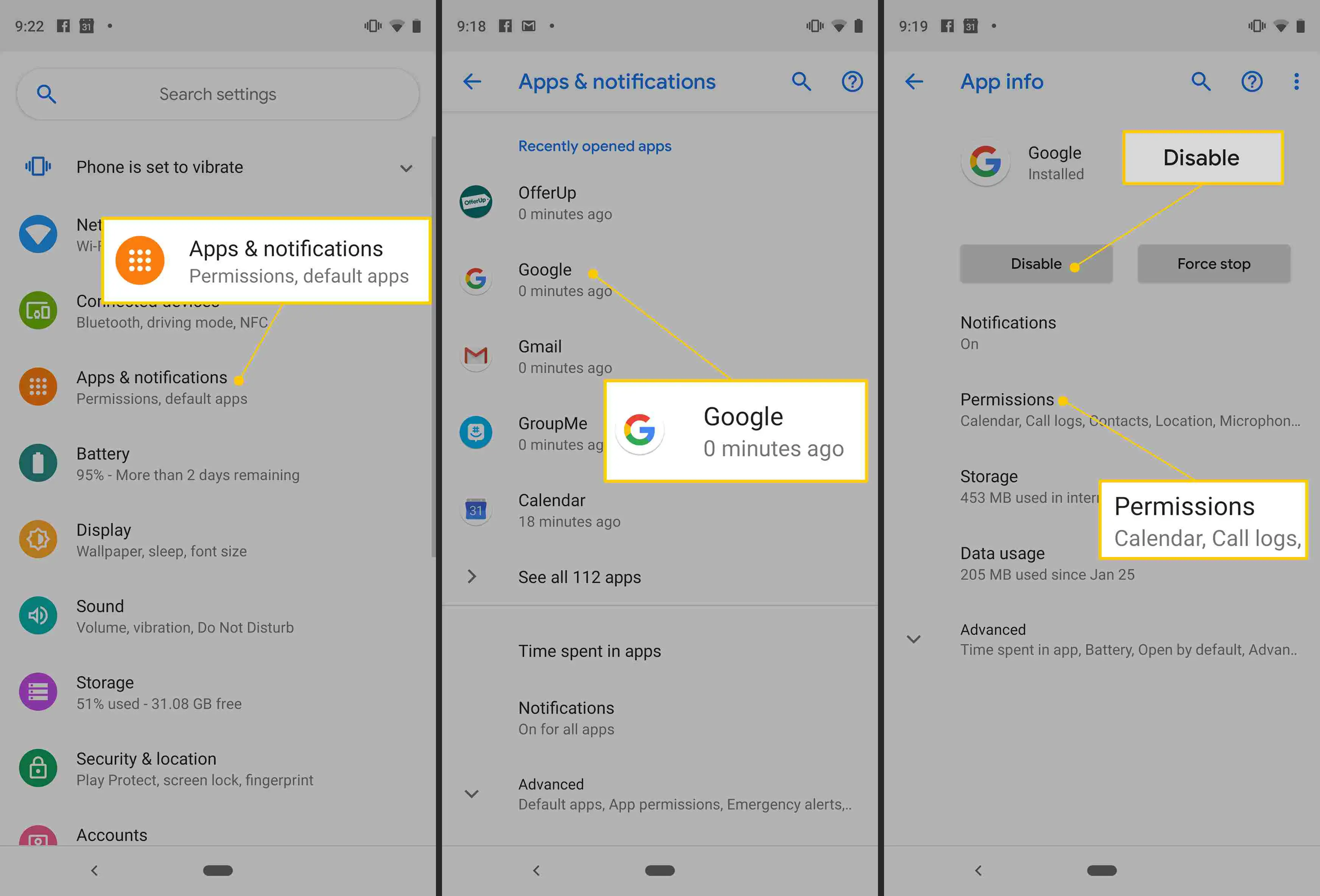 Botões de aplicativos e notificações, Google, Desativar e Permissões nas configurações do Android