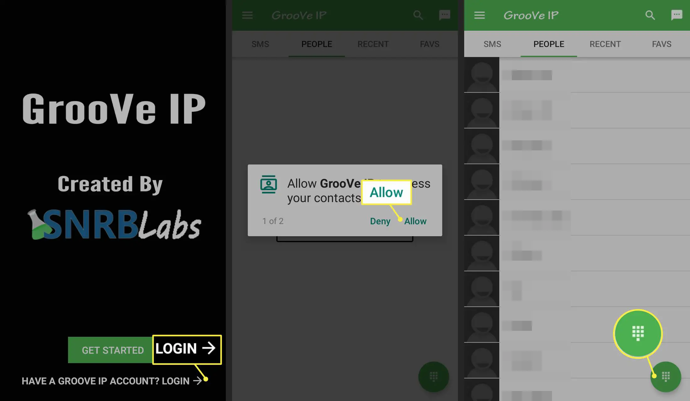 Faça login, permita e disque no aplicativo GrooVe IP