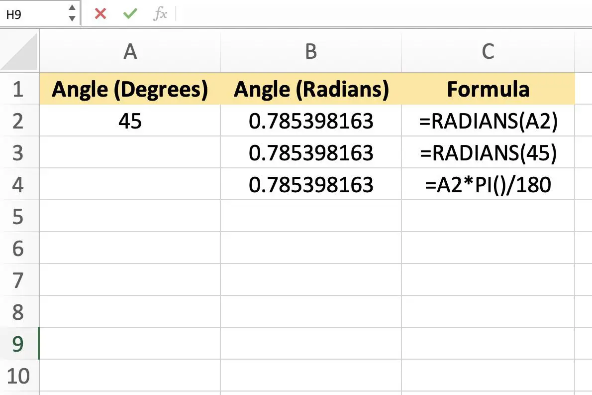 Captura de tela do Excel mostrando a conversão de graus em radianos