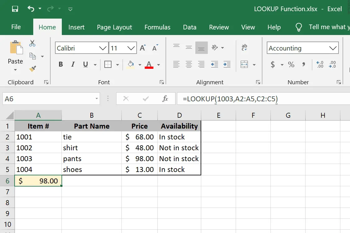Exemplo de função LOOKUP Excel