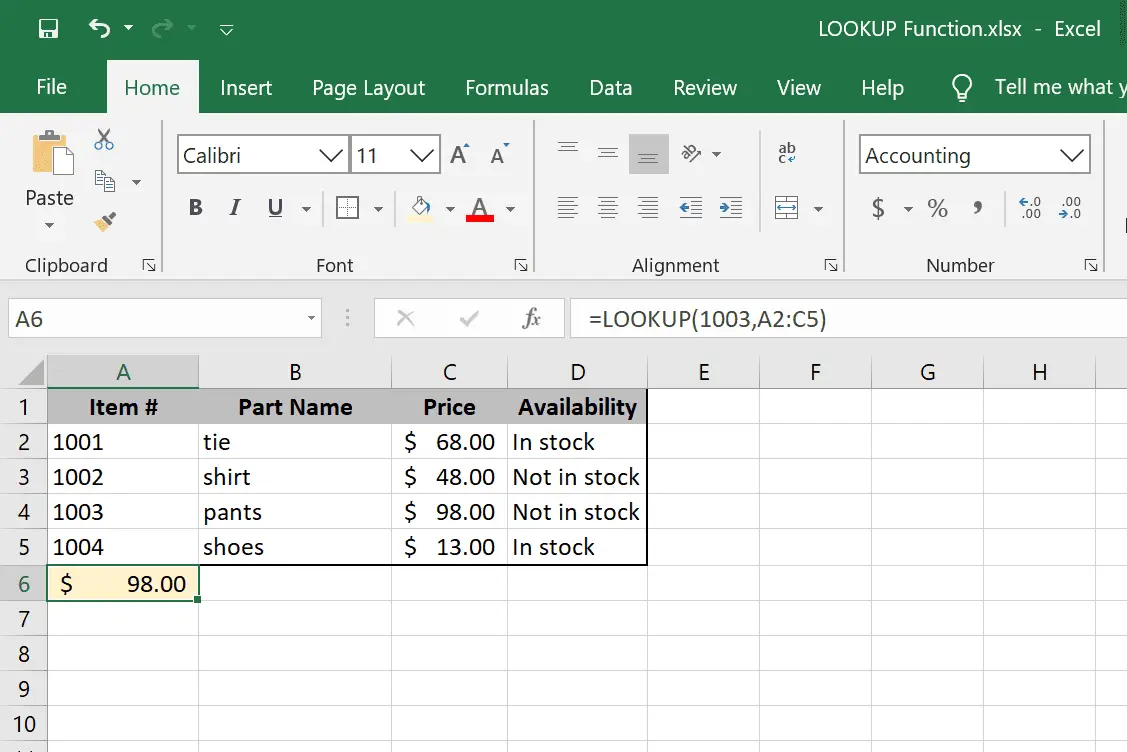 Exemplo de função de matriz LOOKUP no Excel