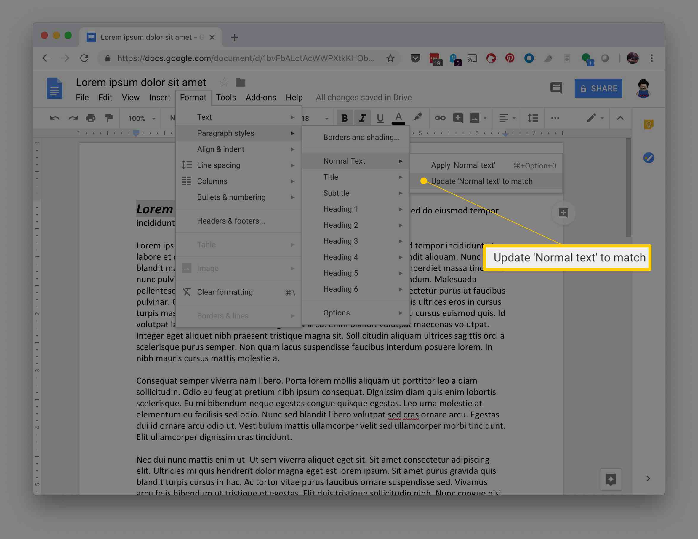 Atualize o texto normal para corresponder à opção no menu Formatar no Google Docs
