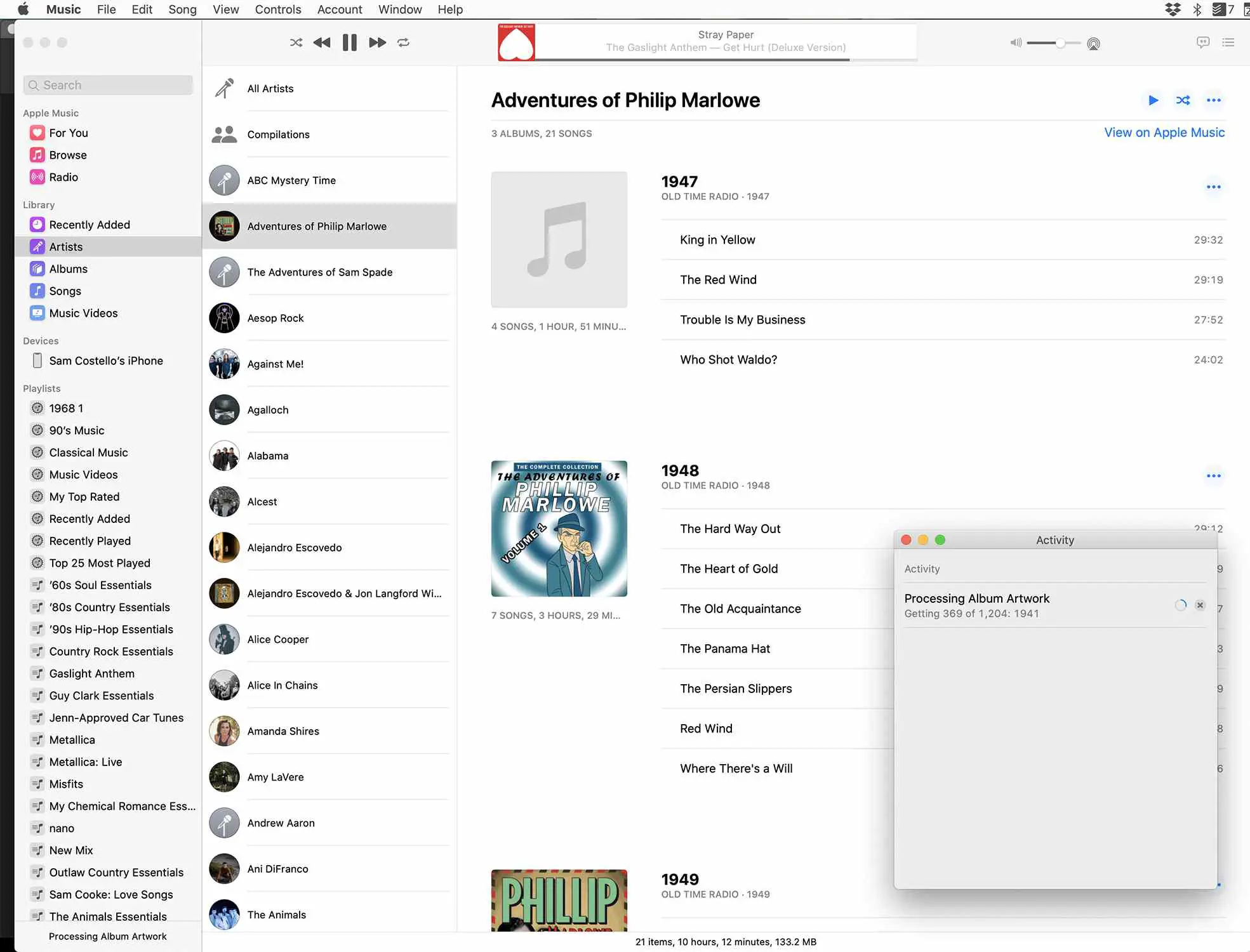 Captura de tela da obtenção da arte do álbum no aplicativo Music