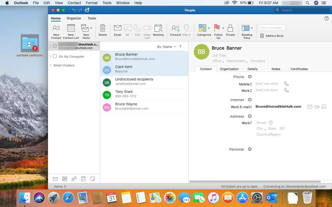 Visualizando contatos no Outlook para Mac 2016.