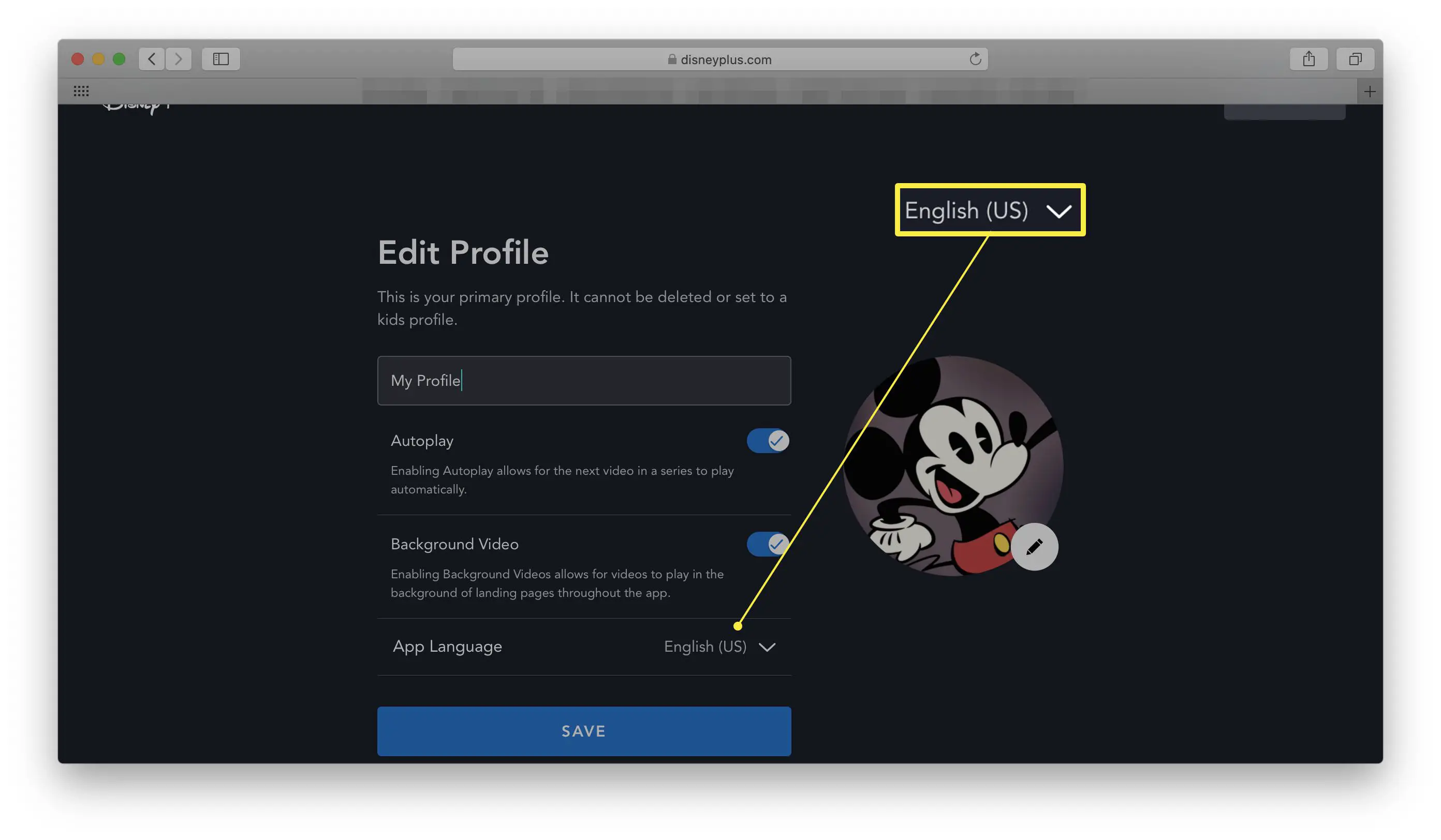 Disney + site com Editar Perfil aberto e idioma do aplicativo destacado