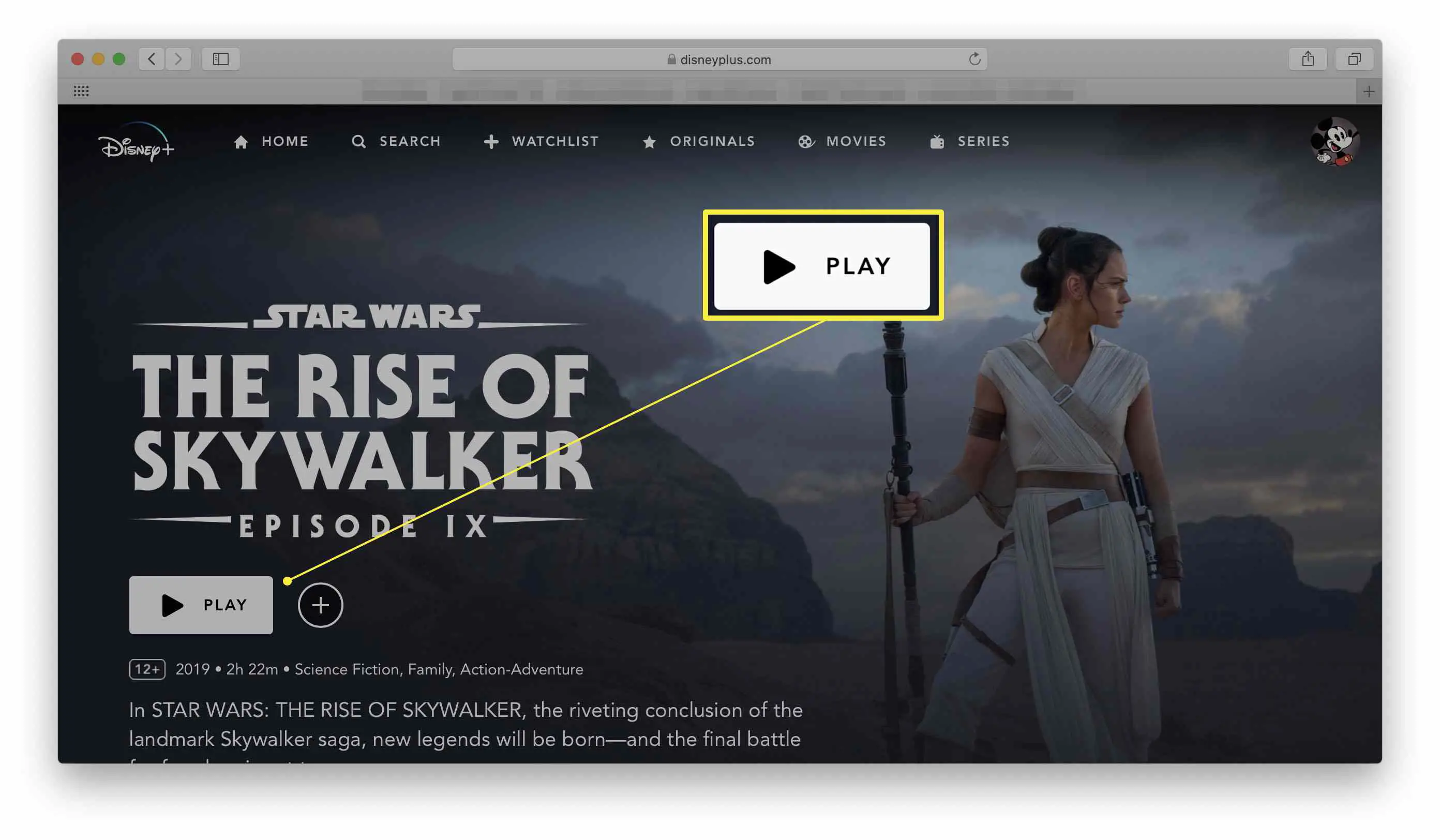 Site da Disney + com o botão de reprodução destacado em um filme (Star Wars: The Rise of Skywalker)