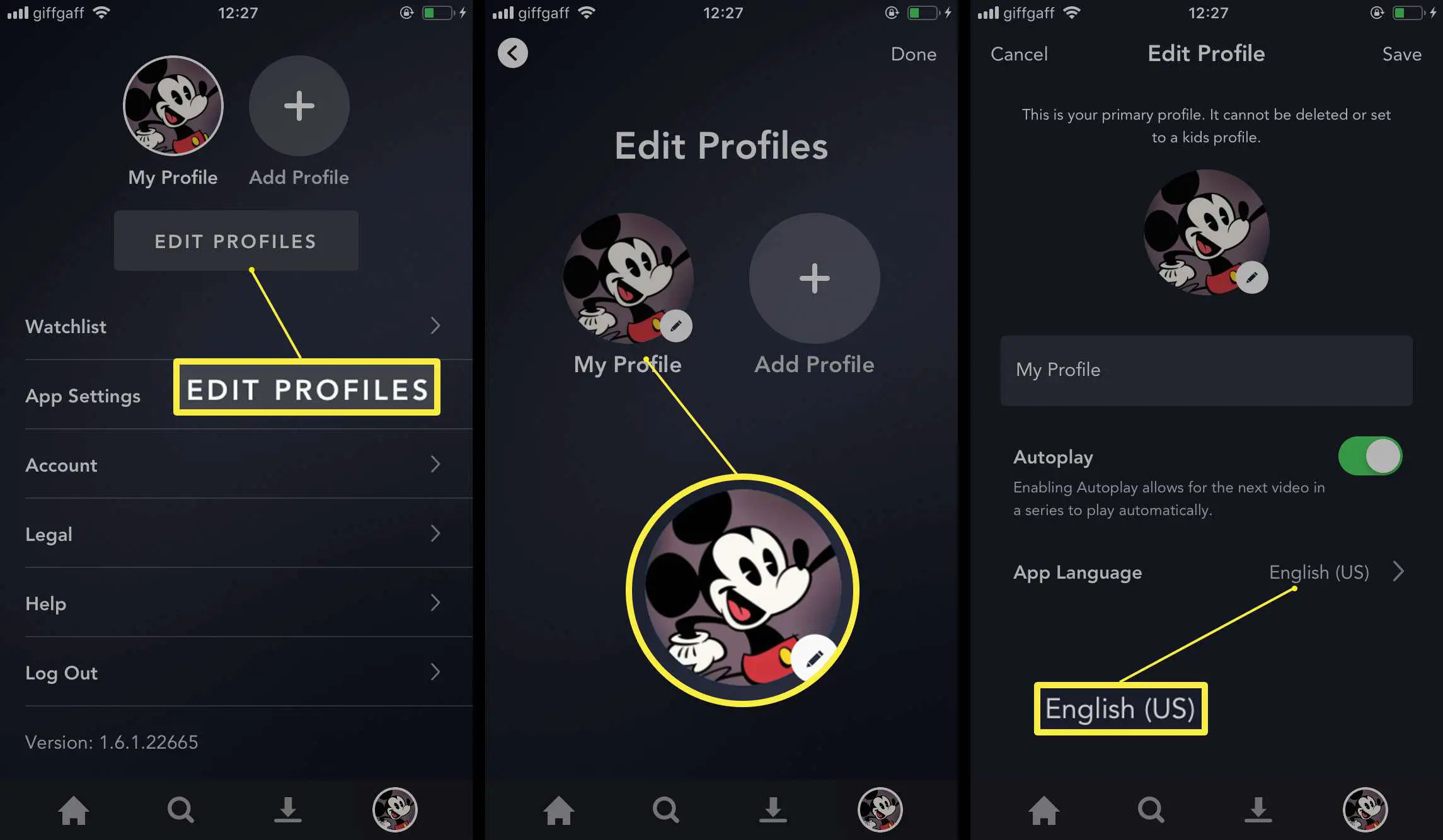 Disney + app com Editar Perfil / Idioma do App destacado