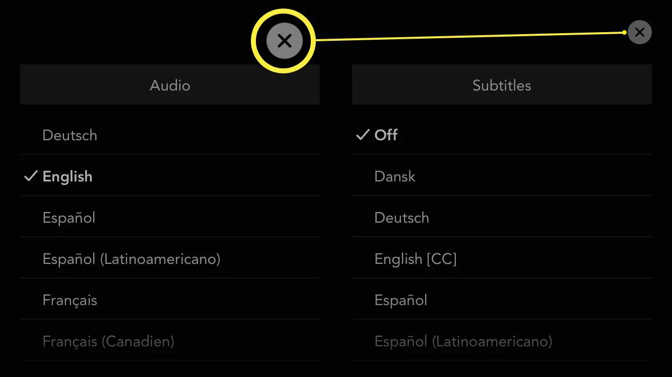 Disney + app com exibição de idiomas de áudio / legenda e o X no canto superior direito para confirmar as alterações