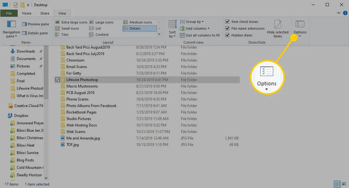 O menu Opções no Explorador de Arquivos do Windows.