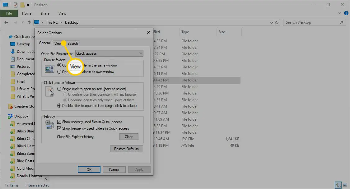 A guia Exibir da caixa de diálogo Opções de pasta no Windows.