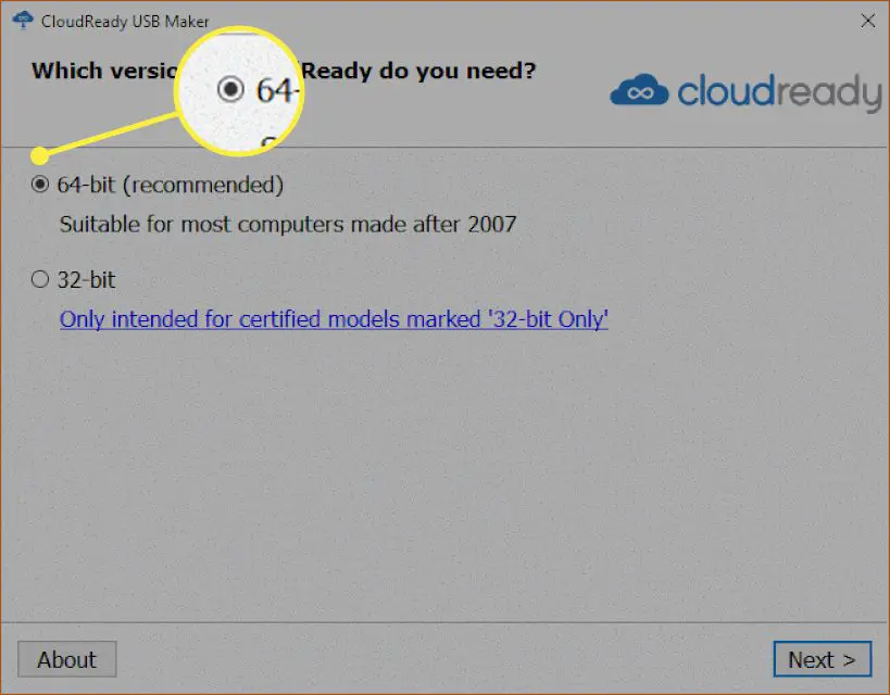 A janela de instalação Cloudready com '64 bits 'destacado