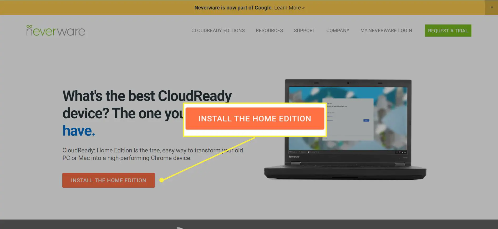 O site da Neverware com o botão 'Instalar a Home Edition' destacado
